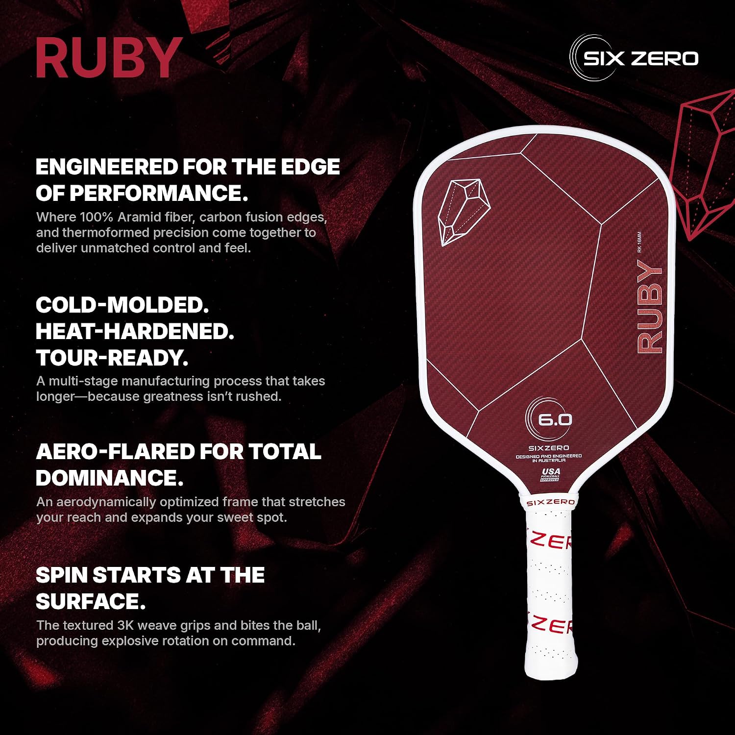 Six Zero Ruby Pickleball Paddle - Aramid Fiber Face, 16mm Thermoformed Unibody, USA Pickleball Approved High Spin & Control Paddle