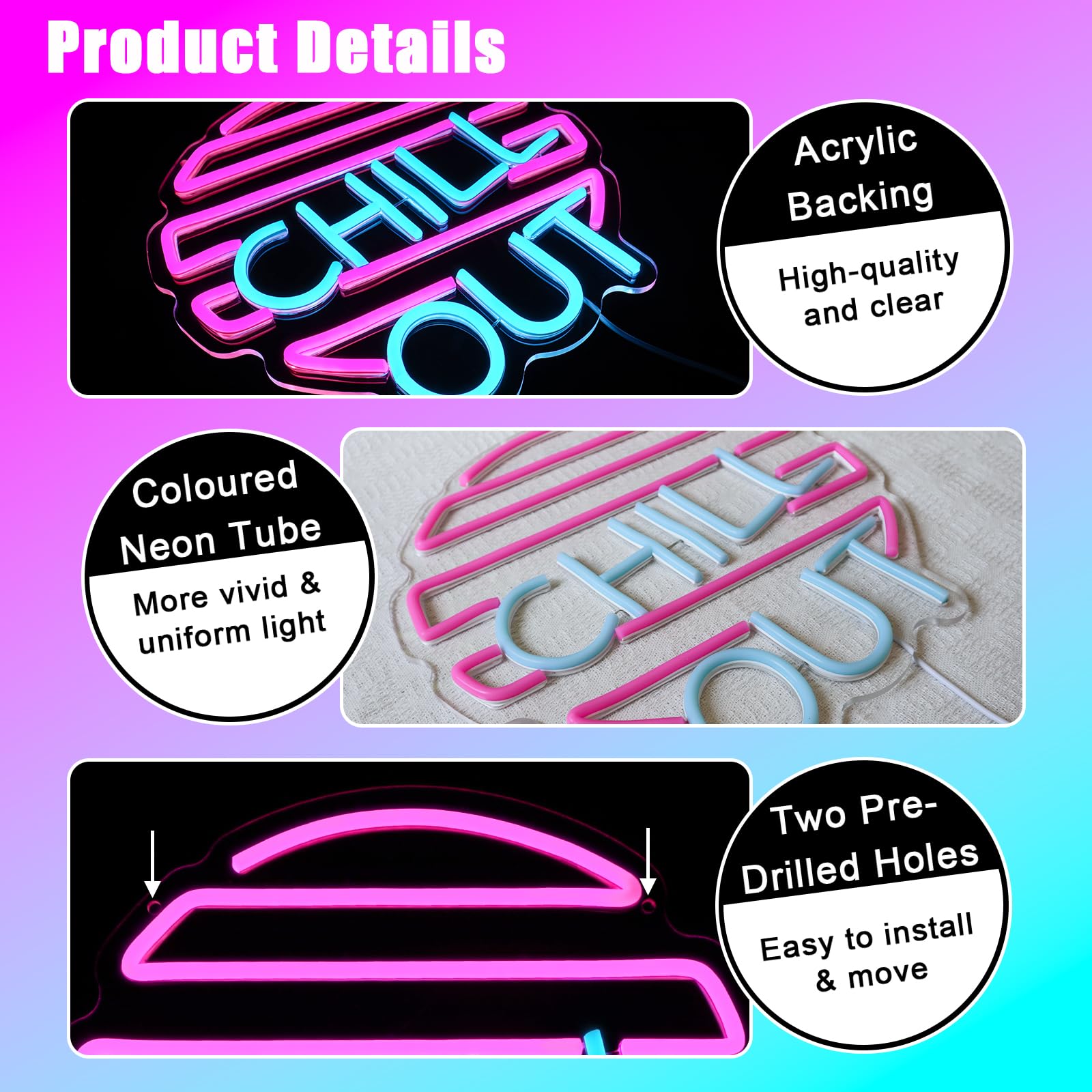 Chill Out Segno al neon Blu Rosa Segno al neon per la decorazione della parete Luce al neon USB Led Segno per la casa Zona di gioco Soggiorno Camera da letto Uomo Caverna Bar Caffè Partito