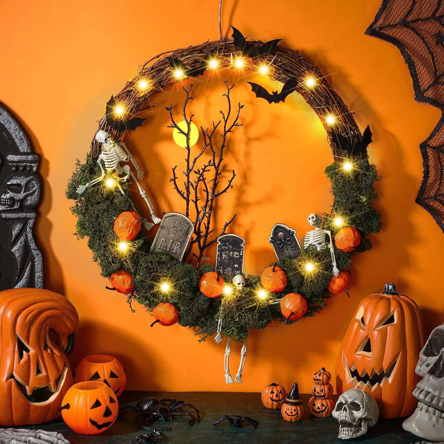 Halloween Wreath for Front Door 16'' Light up Halloween Wreath with Faux Skeleton Bat Tombstone and Pumpkin Skull Wreath with Lights Halloween Home Decor for Door Window Porch Decor