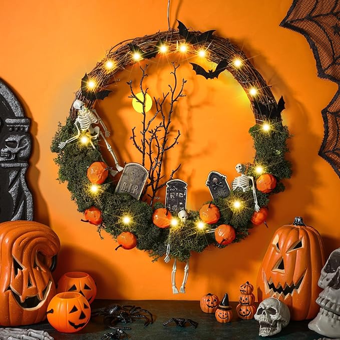 Halloween Skeleton Wreath for Front Door 16'' Halloween Light up Wreath with Faux Skeleton Bat Tombstone and Pumpkin for Door Window Porch Wall Decor