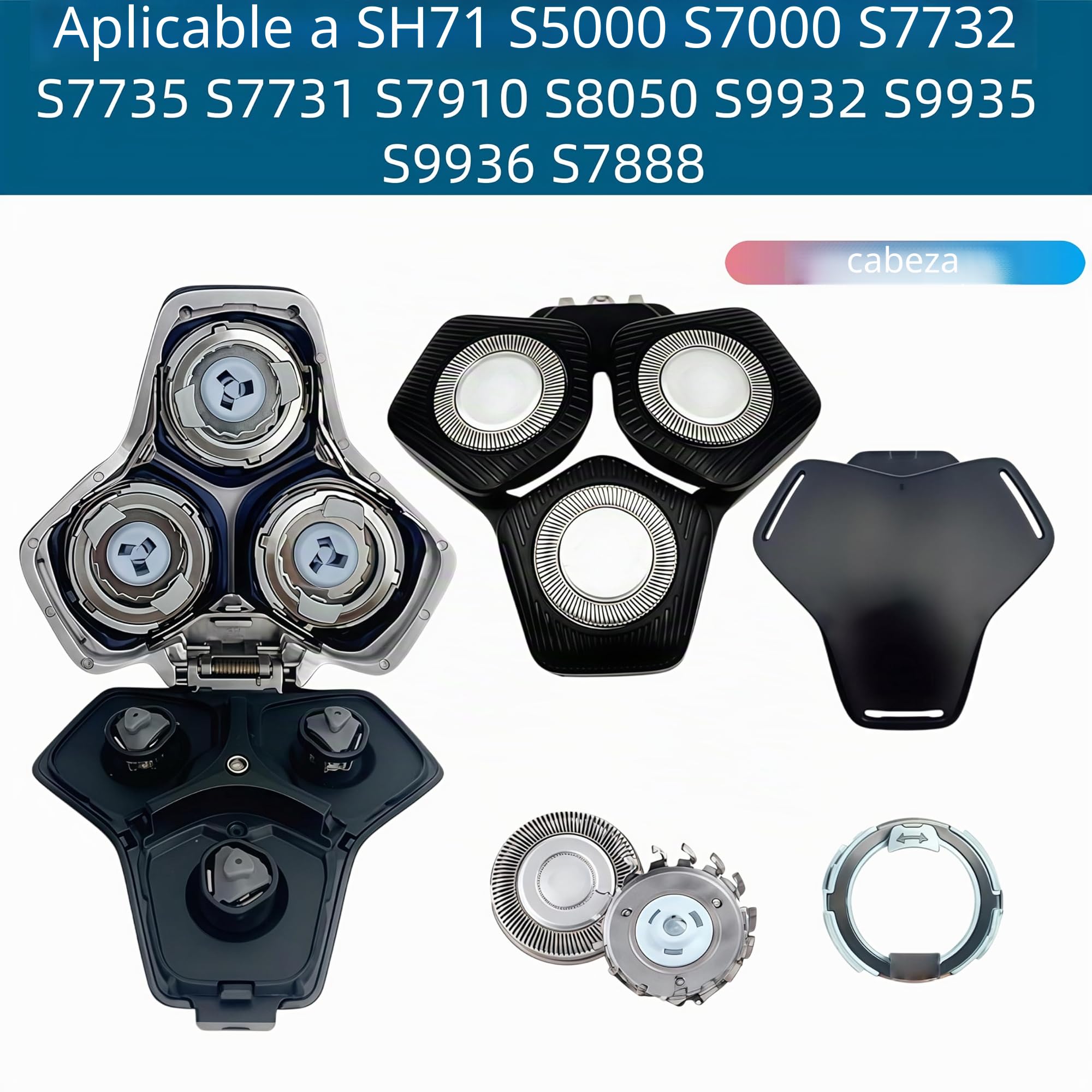 Cabezal de repuesto completo para afeitadora eléctrica para hombre, conjunto completo de cuchillas compatible con afeitadoras Philips SH71, S5000, S7000, S9000 Series (azul)