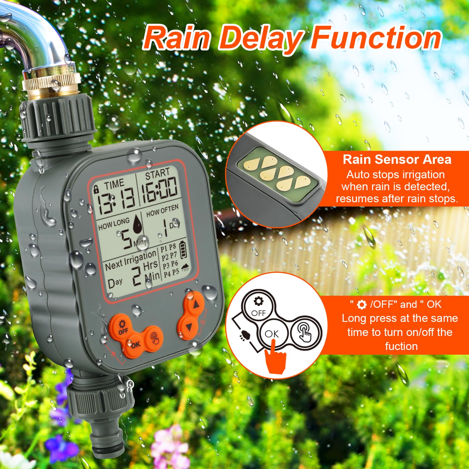 Programmateur Arrosage Automatique Manuel, Retard de Pluie Minuterie d'arrosage, 8 programmes Grand Écran LCD, Verrouillage Enfant, IPX5 Imperméable pour Balcon Jardin Parterre Ferme Extérieur