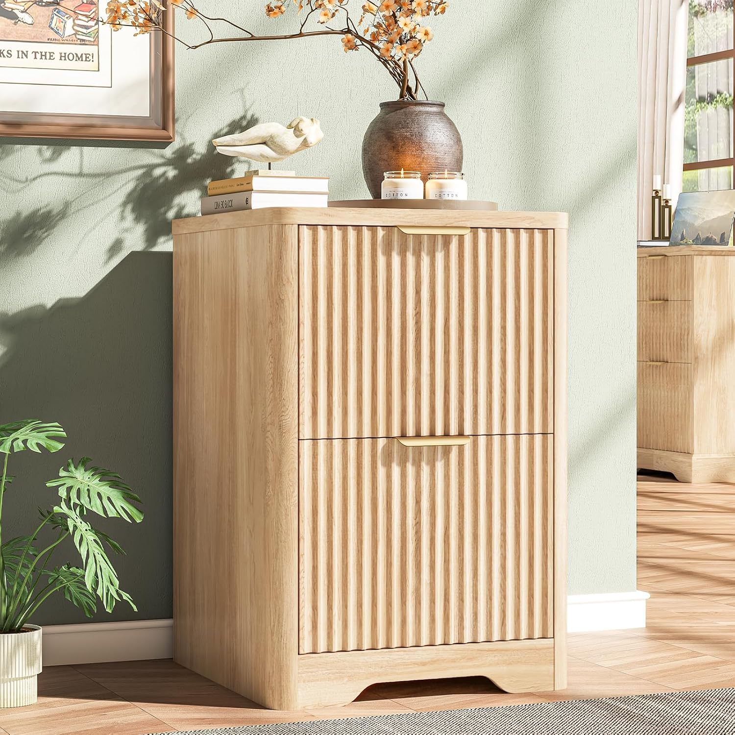 Halitaa 2 Drawer Small File Cabinet, Fluted Vertical Filing Cabinet Fits Letter and A4 Size, Under Desk Wooden File Cabinets for Home Office, Printer Stand, Natural Oak