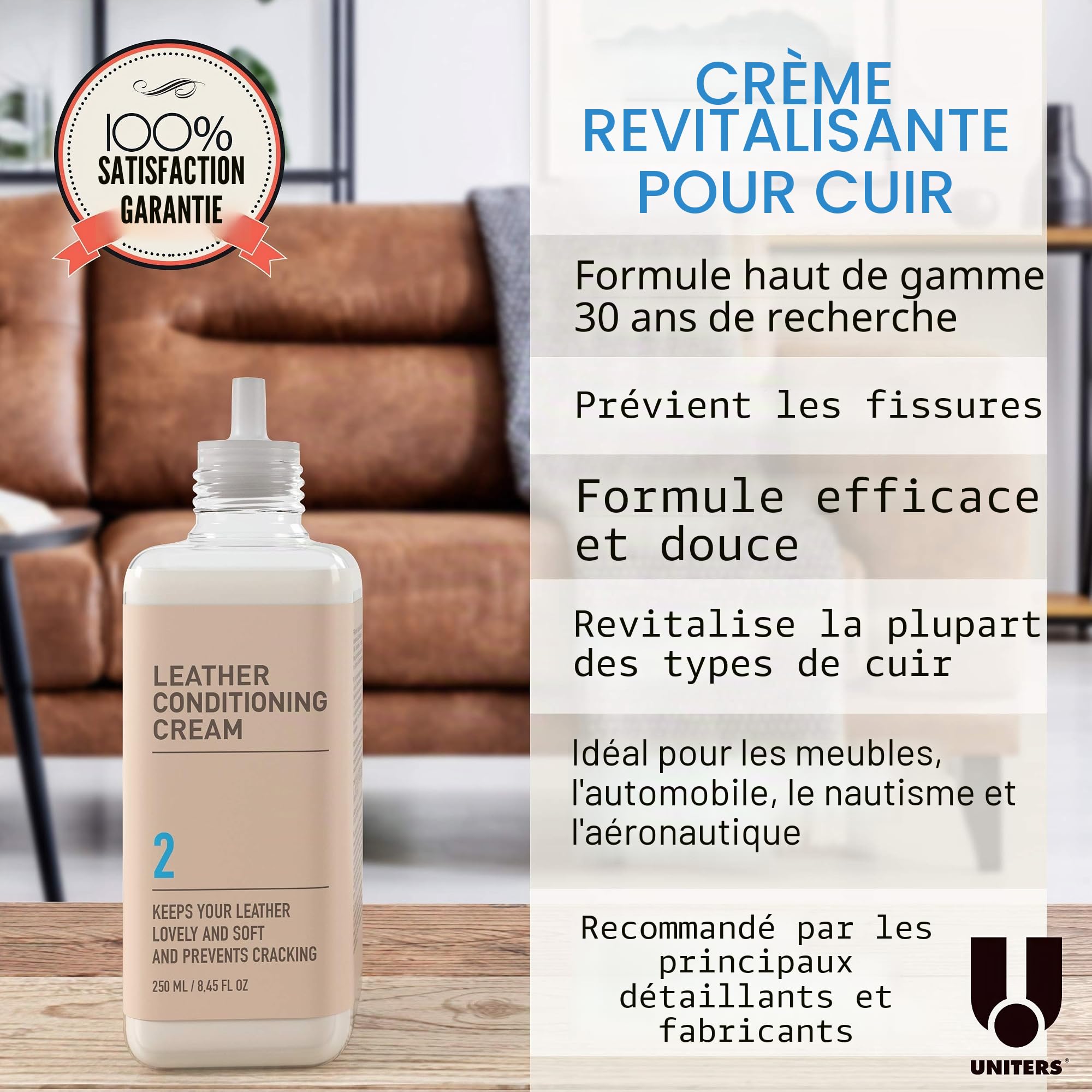 UNITERS Kit d'entretien du Cuir (250 ML) – Kit de Nettoyage pour Cuir avec nettoyant Doux pour Cuir et crème revitalisante pour Meubles, Tissus d'ameublement, Chaussures, Sacs et intérieur de Voiture
