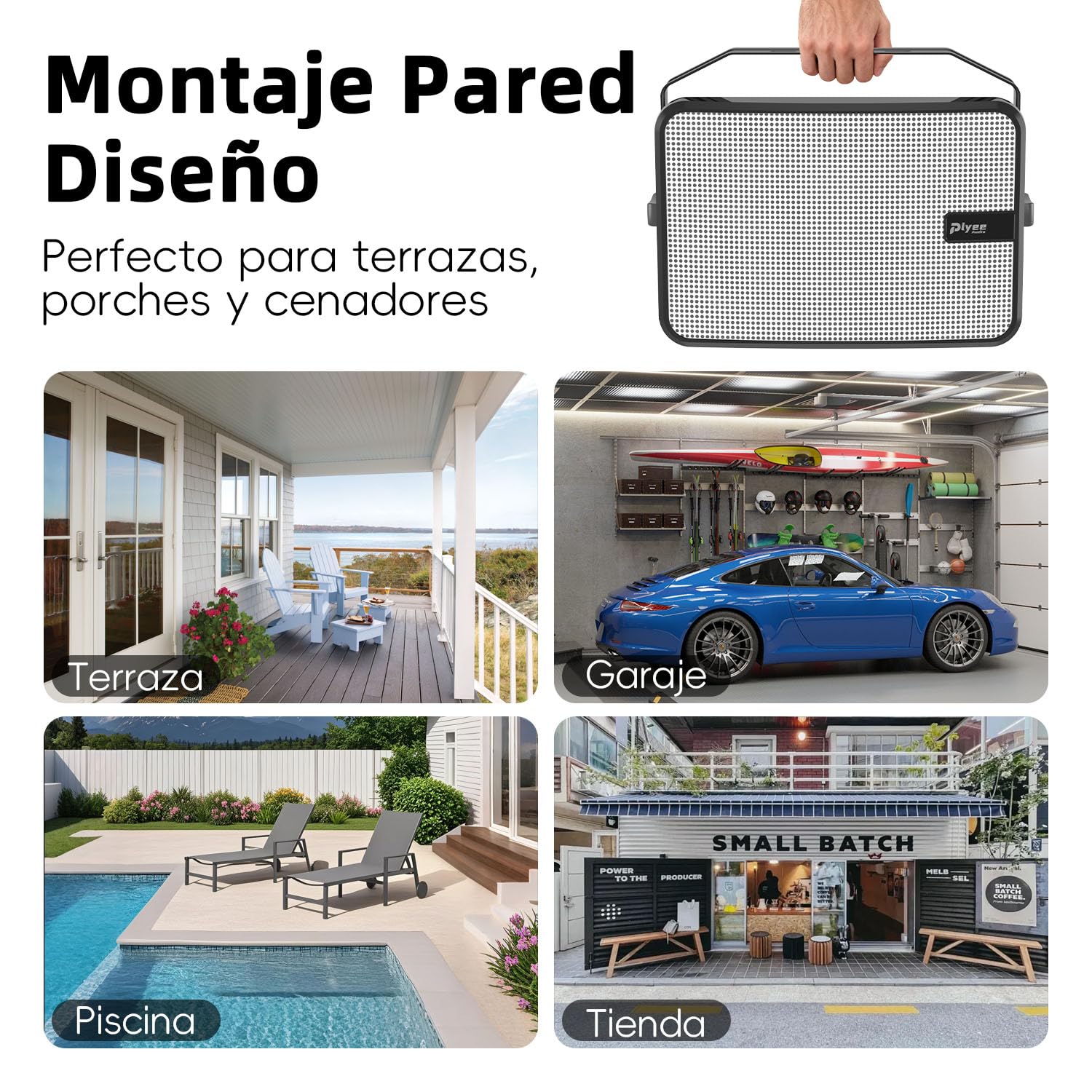 600W Altavoces Bluetooth para Exteriores,Sincronización Inalámbrica Entre Altavoces, Graves Potentes, Montaje En Pared para Terraza, Porche, Cenador, Garaje, Pack De 2, Blanco (Mz-658).