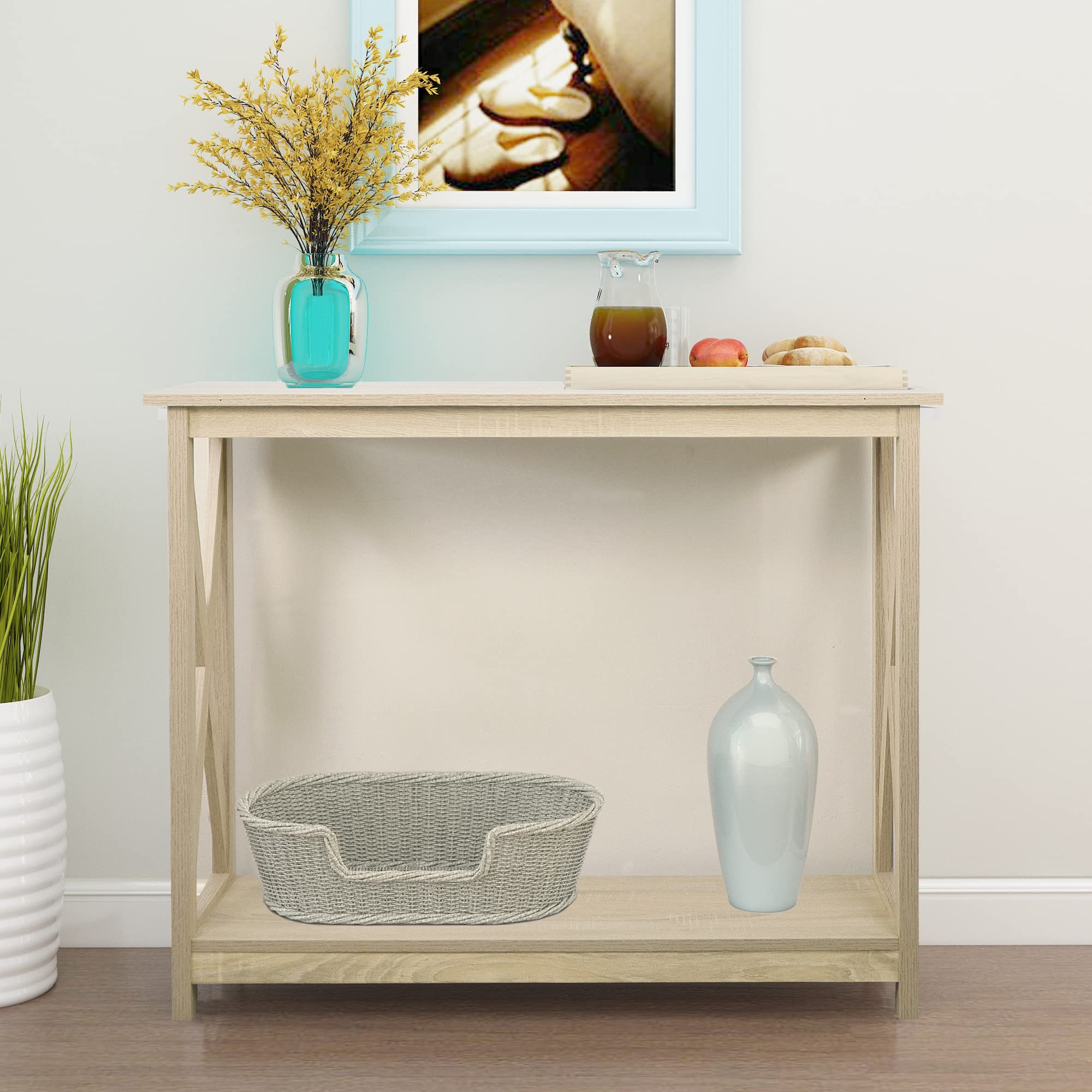 Rainbow Sophia Console Table, Modern Farmhouse Wood Entryway / Sofa Table with 2-Tier Storage, 39 Inch, White Oak