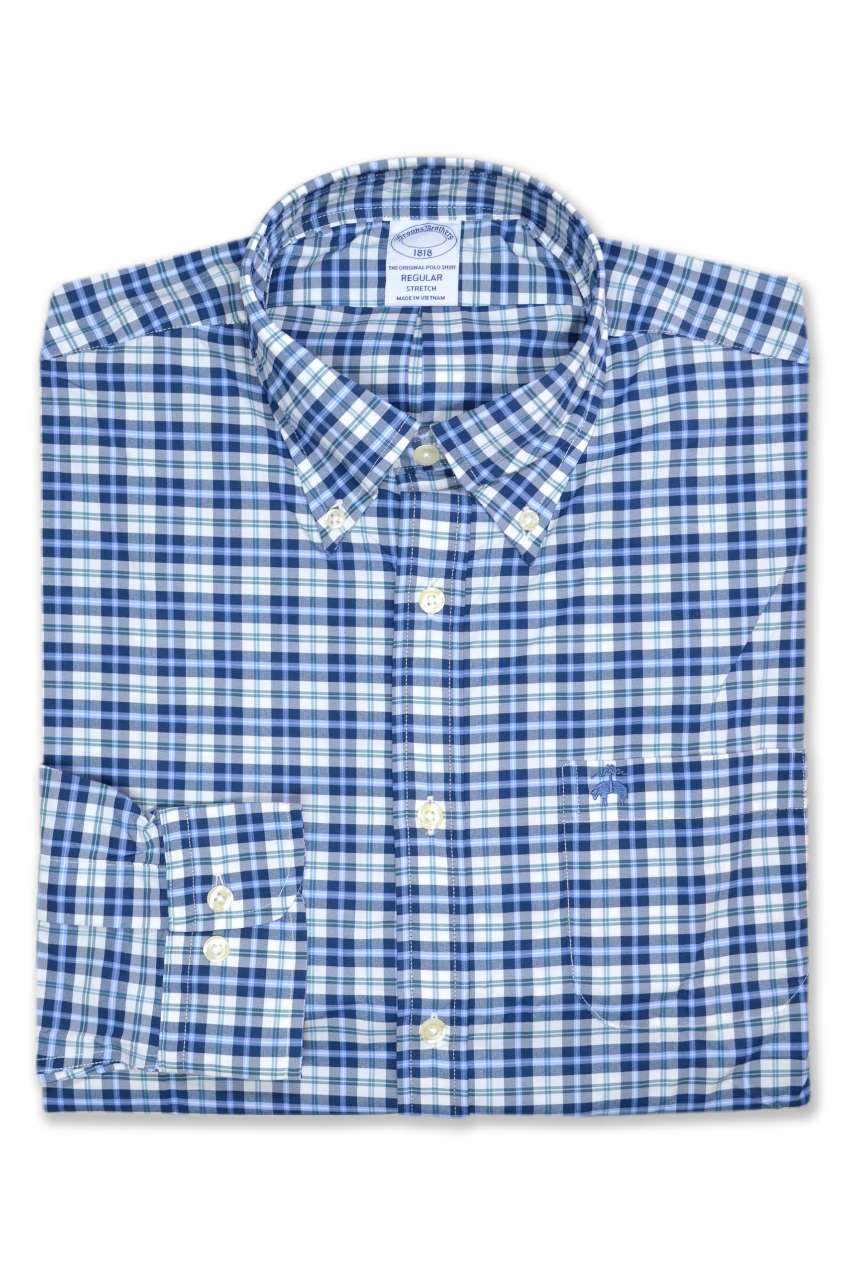 Brooks Brothers Mens Regular Fit Nylon Stretch Plaid Button Down Shirt,