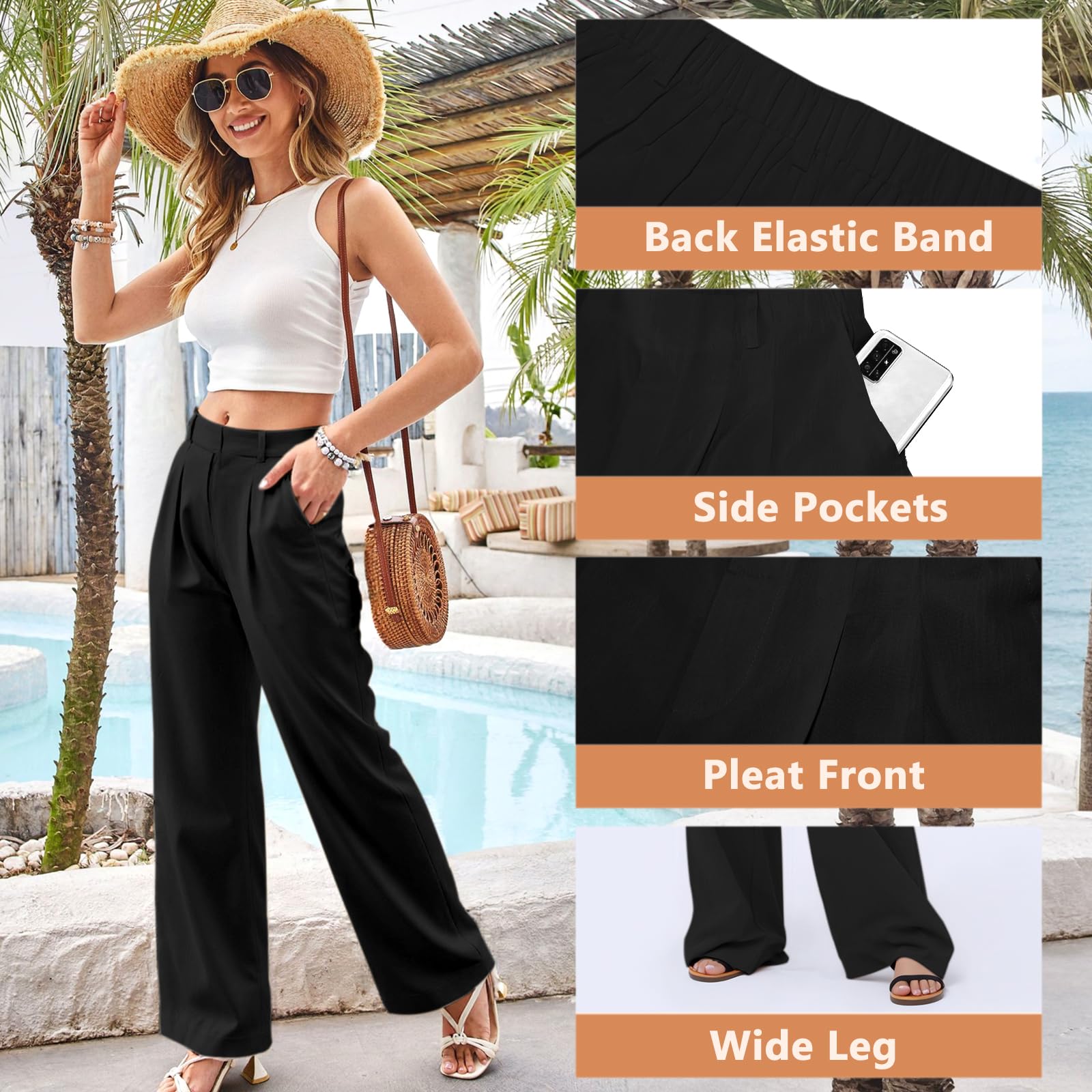 Pantalon Fluide Femme Eté Taille Haute Léger Pantalon à Jambe Large Chic et Elegant Elastique Ample Décontractée Travail Droit Pants Longueur avec Poches