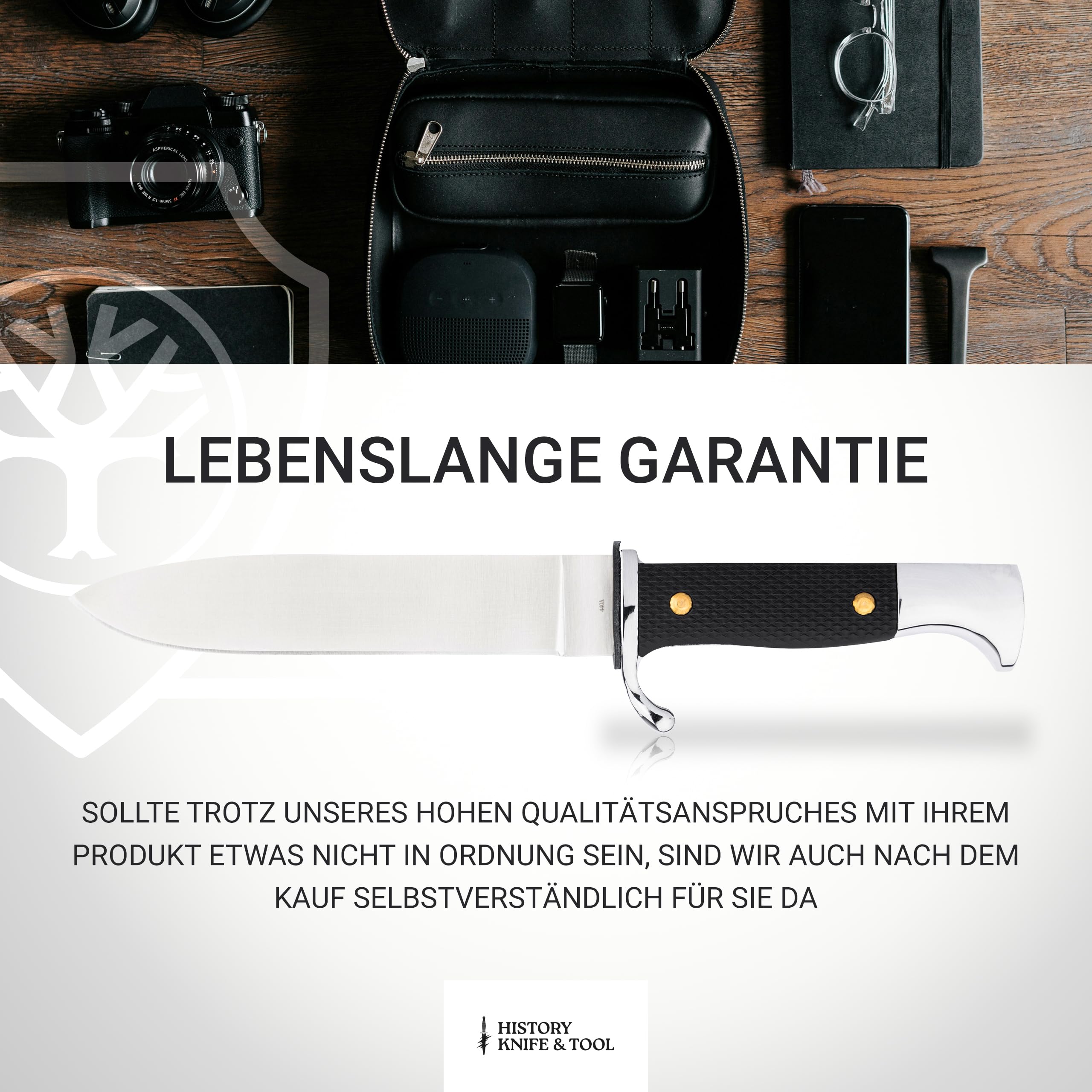 HISTORY KNIFE & TOOL® - German Scout Knife - klassisches Pfadfindermesser mit 14 cm Klinge - Fahrtenmesser traditionell mit schwarzem Griff - historisches Gürtelmesser feststehend mit Metallscheide