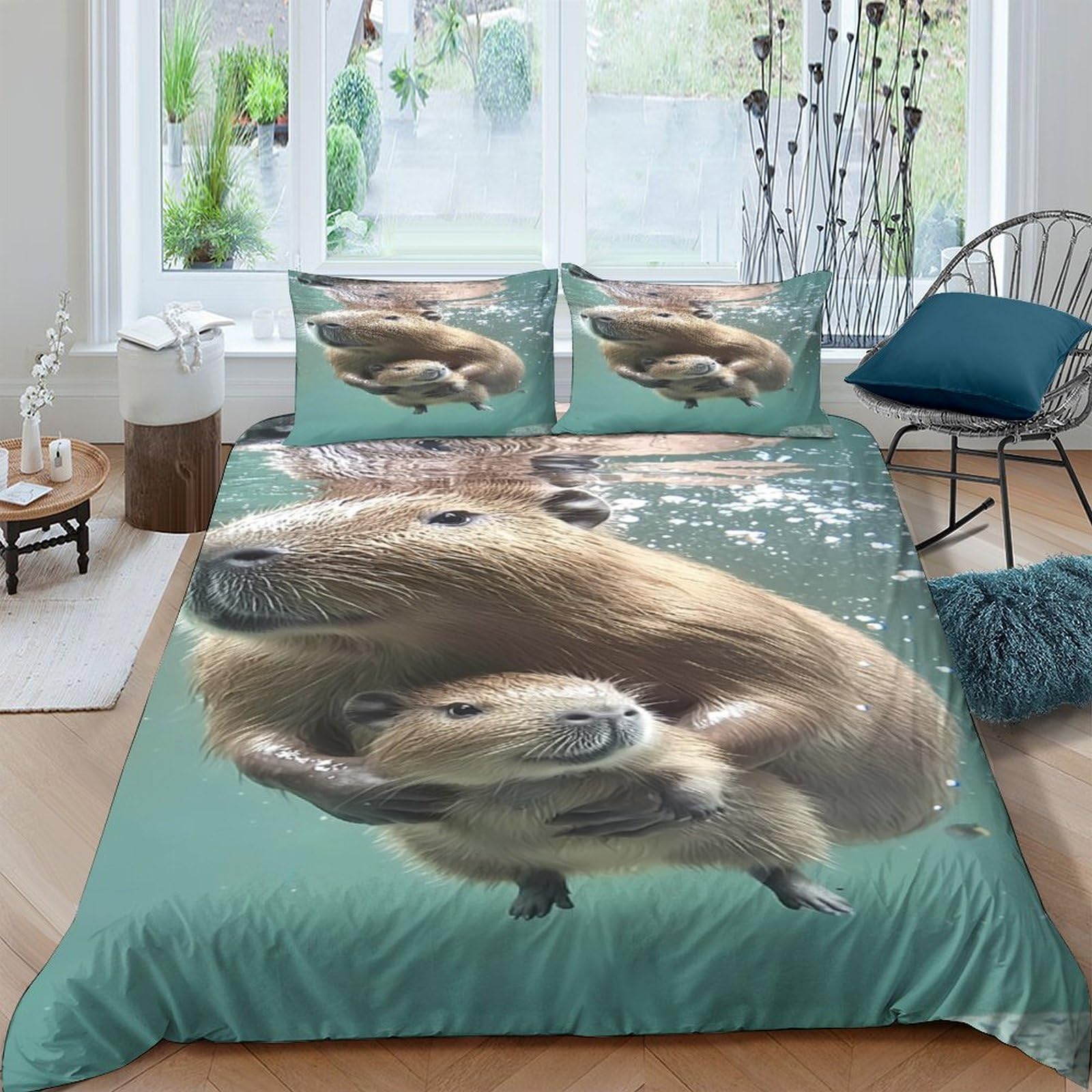 Ctjqhvkz Style-7 3D Printed Capybara Family Fitted Sheet Microfiber Soft Green Water Animal Mattress Cover For Bedroom Guest Room Decor Single（135X200cm）