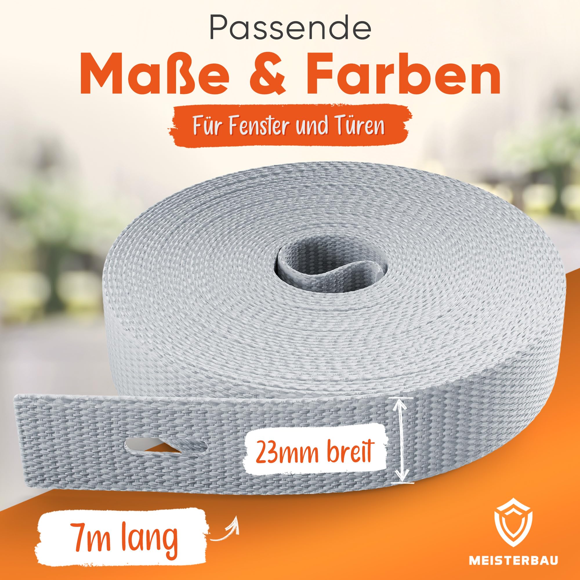 MEISTERBAU - 7 m pas do rolet 23 mm [Made in Germany] – taśma do rolet na drzwiach i oknach – bardzo odporna na rozerwanie i odporna na promieniowanie UV – pas do rolet z mocnymi krawędziami tkanymi