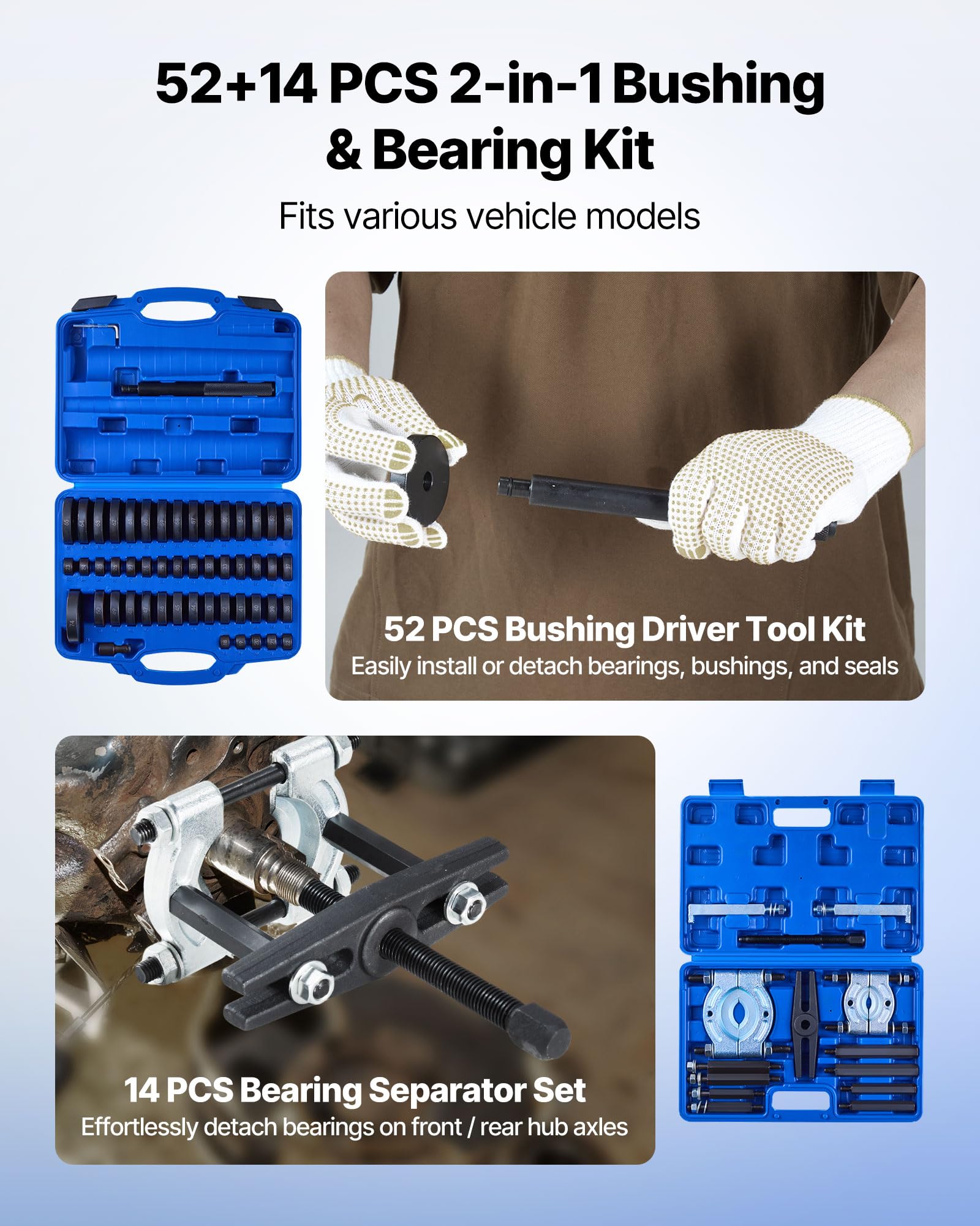 VEVOR Kit Pressa per Cuscinetti, 52+14 Pezzi, Set di Driver per Piste e Guarnizioni con 49 Boccole, Separatori e Ganasce, con Custodia, Strumenti di Installazione e Rimozione con Custodia