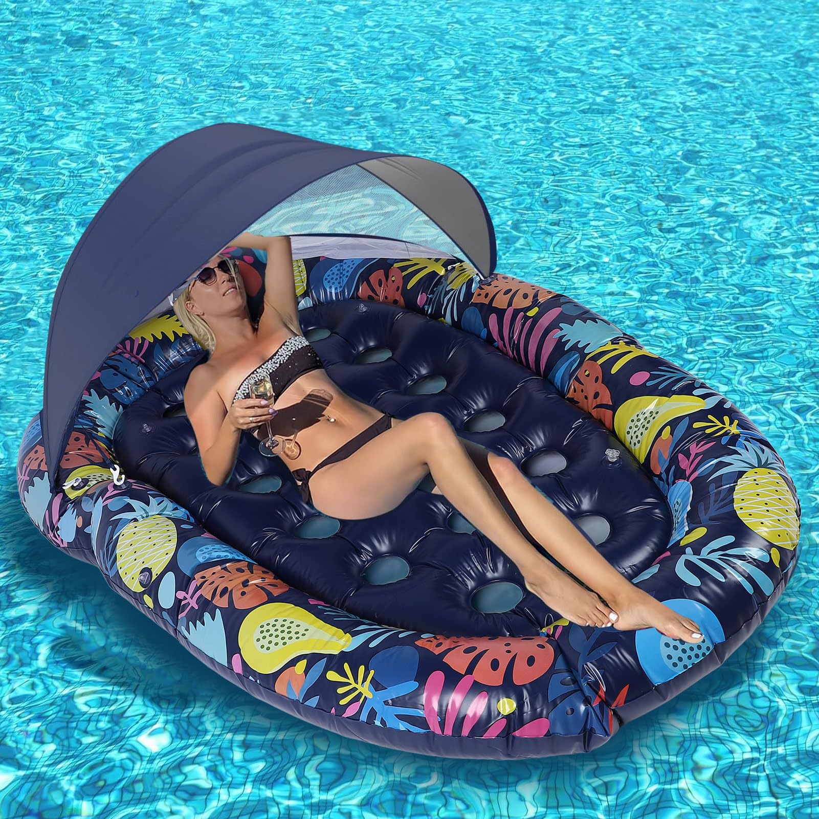 Tumbona Flotante para Piscina 3 en 1 con toldo Desmontable y portavasos Flotador Inflable Grande para Piscina para Adultos Fiesta en el Lago en la Playa Material de PVC 72,83 x