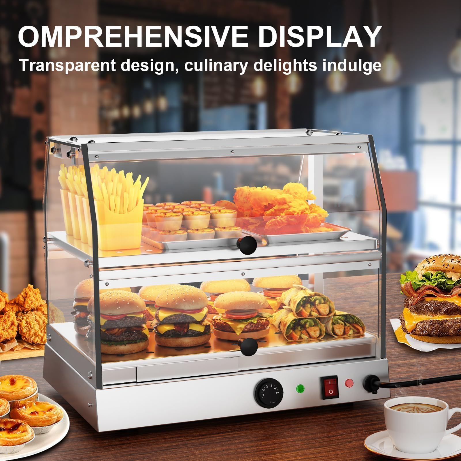 TAIMIKO Calientaplatos Comercial,Calentador de Alimentos de Acero Inoxidable de 2 Niveles para Pizza, Platos Calientes, bollería, mostradores, panaderías, restaurantes