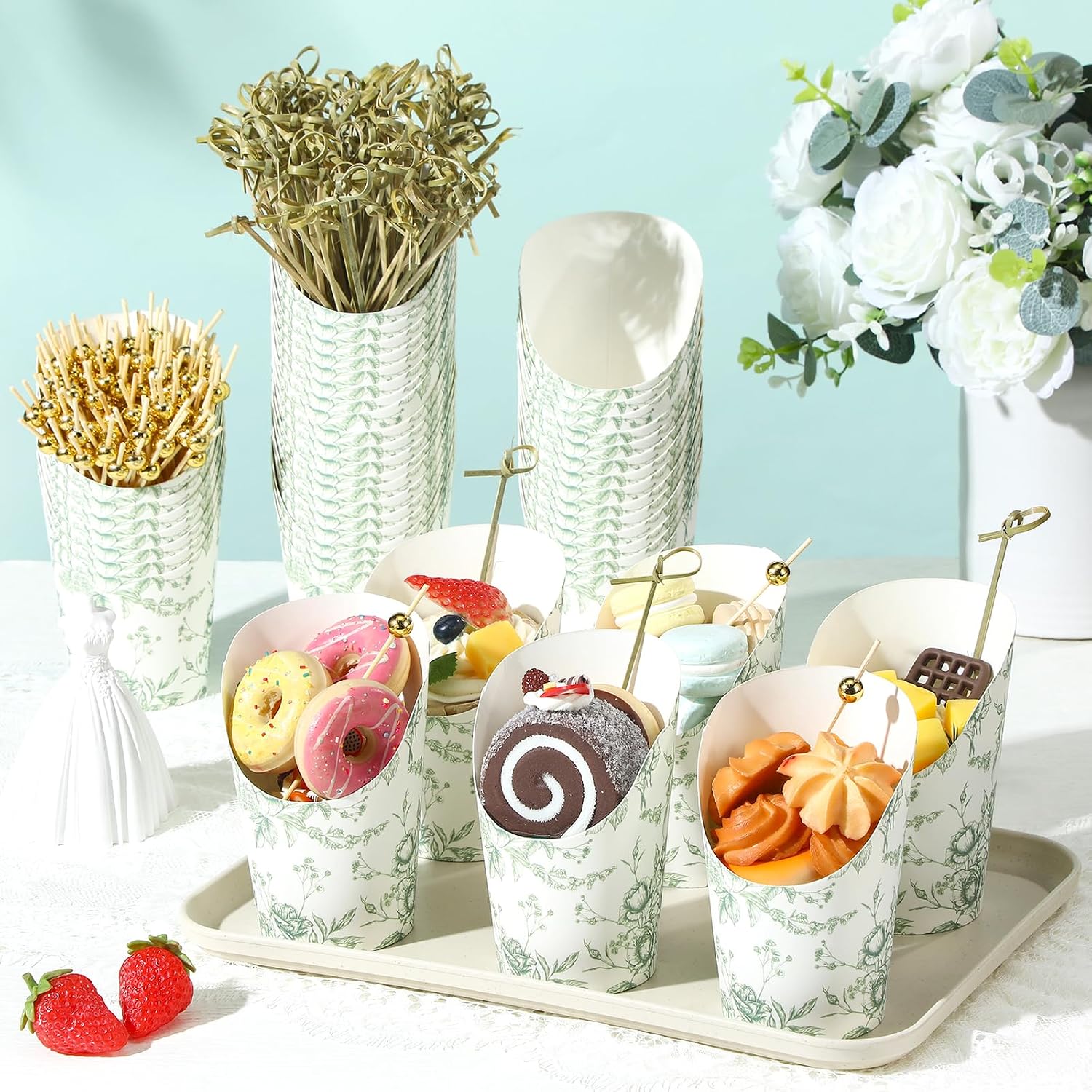 Tioncy 250 Pcs Charcuterie Cups with Cocktail Picks Sets, Bridal Shower Decoration 50 Charcuterie Cups with 200 Sticks for Wedding Baby Shower Floral Boho Witch Party Decorations(Green,Flower)