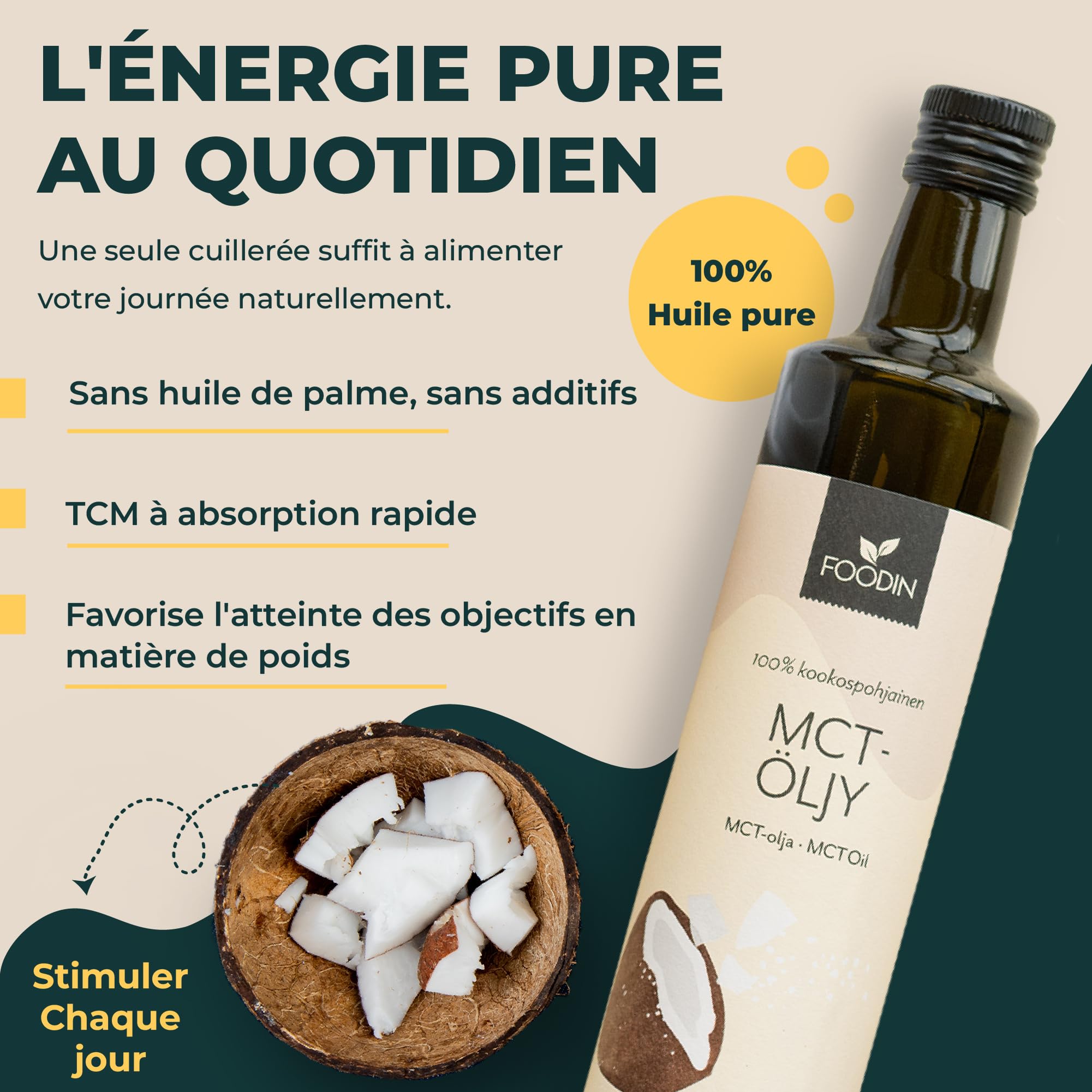FOODIN Huile MCT 100% Huile de Coco,Triglycérides à Chaîne Moyenne (MCT), Sans Gluten & Végétalienne, de Coco Pure pour Athlètes, Idéale pour Régimes Cétogènes & Bienfaits Santé, 2 x 500 ml