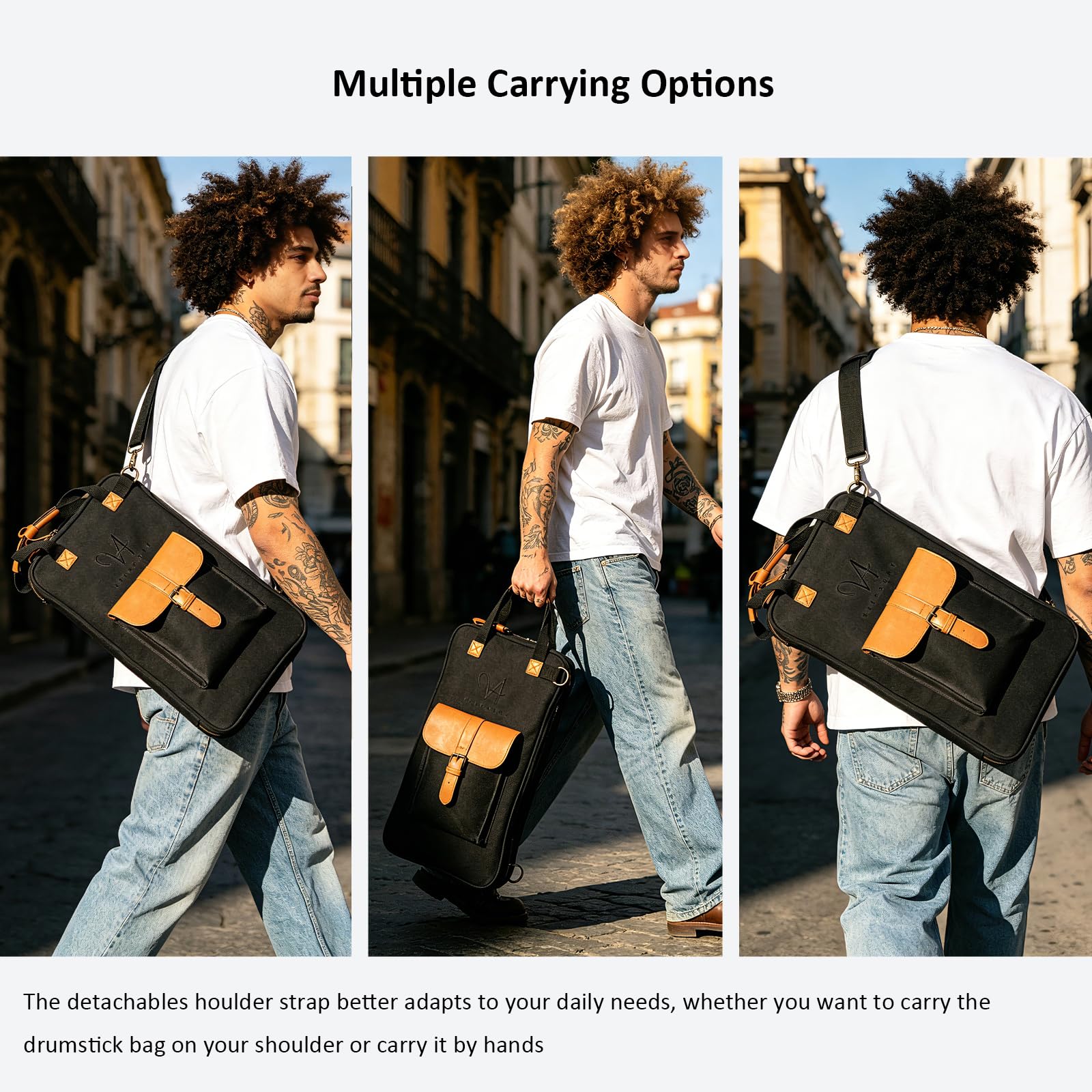 Bolsa para baquetas de batería de lona encerada con asas y correa de hombro desmontable, funda de percusión para bateristas y principiantes (VUK-YLGBB-BLK02 - Negro)