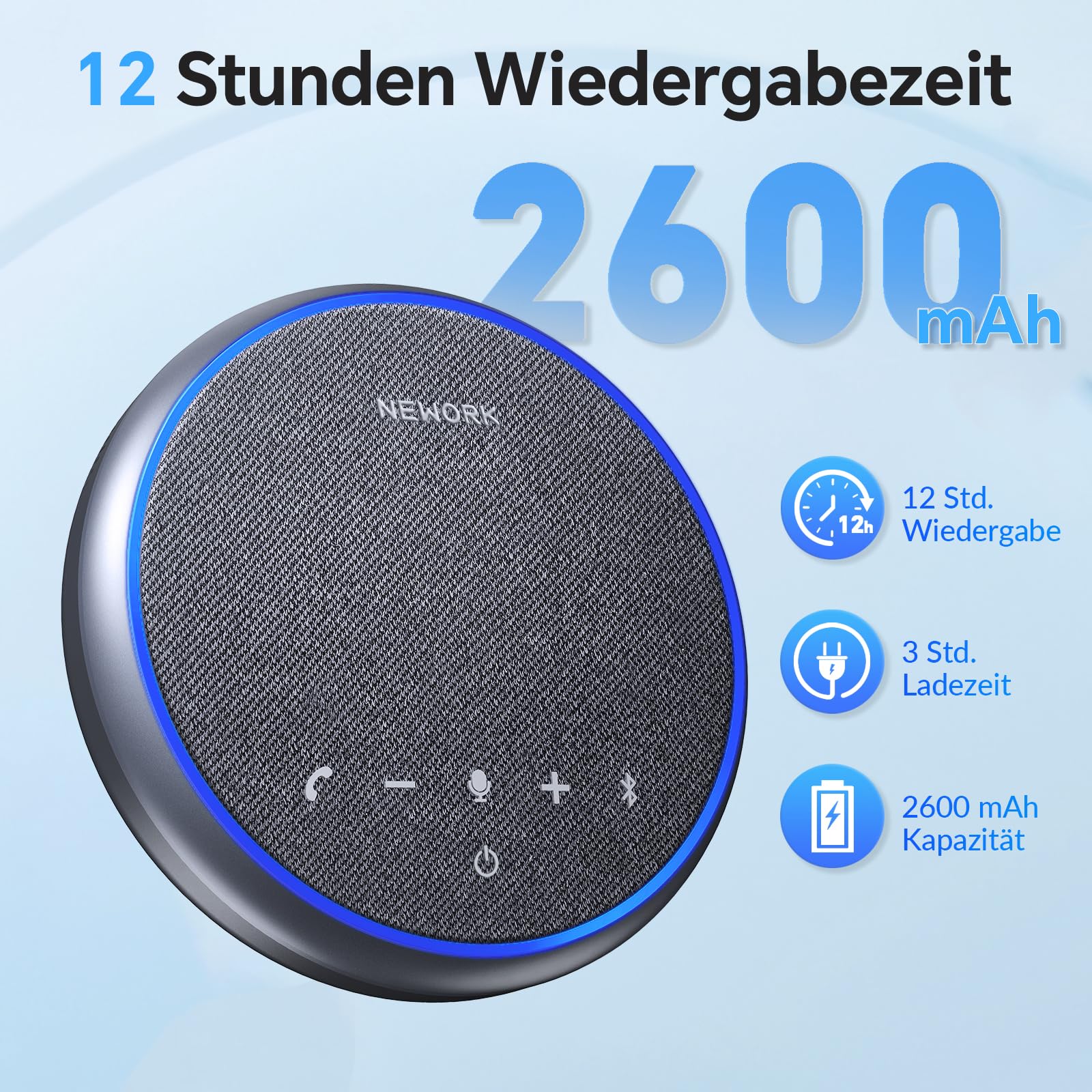 Bluetooth Konferenzlautsprecher mit 3 KI-Mikrofonen, 360° Sprachaufnahme und Geräuschunterdrückung, 12h Akkulaufzeit, tragbare Freisprecheinrichtung für Meetings, Zoom, Teams und Home Office