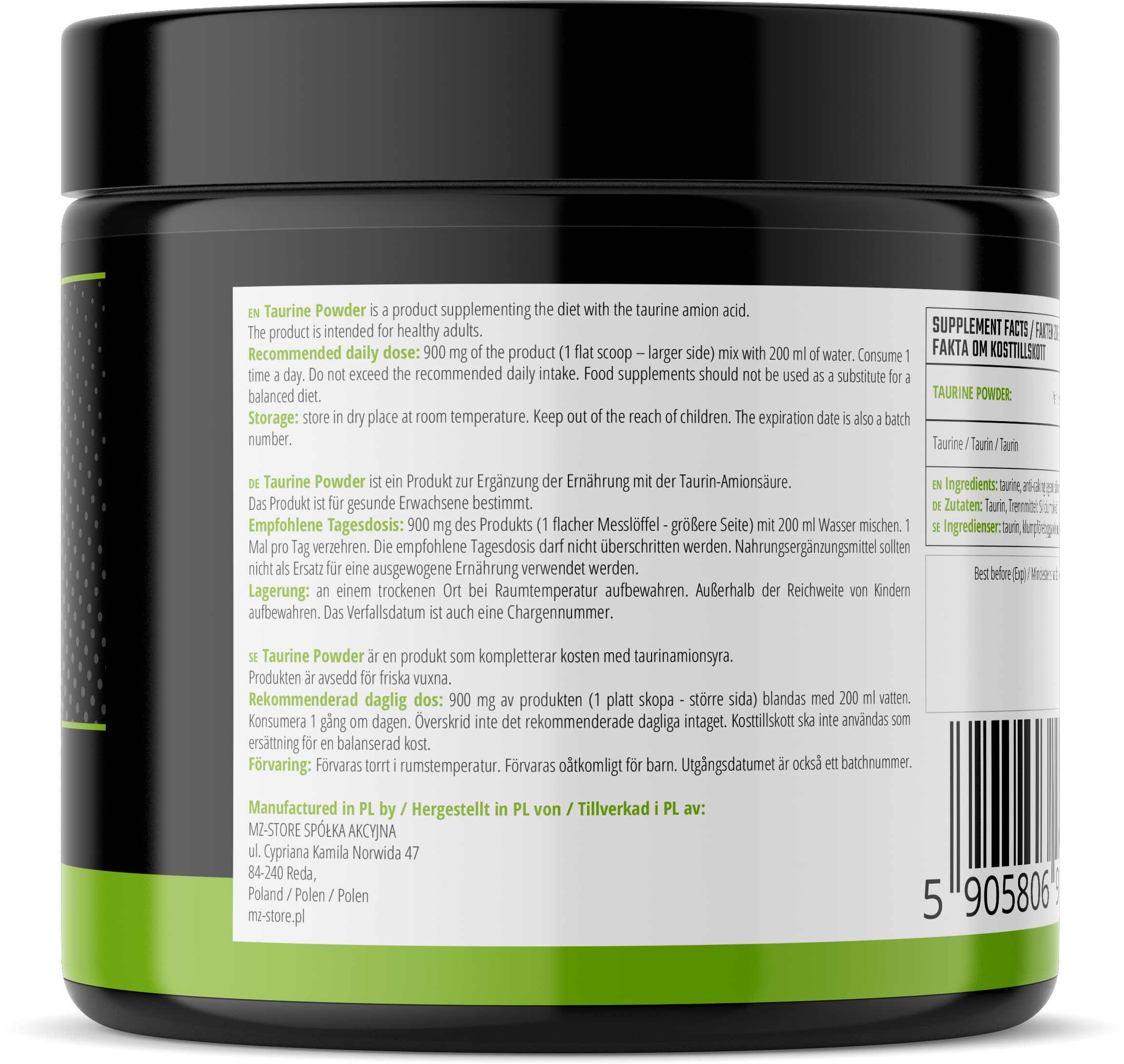 Taurina in polvere 250 g - Aminoacido Taurina 900 mg per porzione - 277 dosi per confezione - Integratore alimentare - da MZ