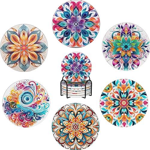 Miniatura 12 de Juego de 6 posavasos bohemios para bebidas, piedra absorbente con soporte, posavasos de cerámica con flor de mandala para protección de mesa, Flor