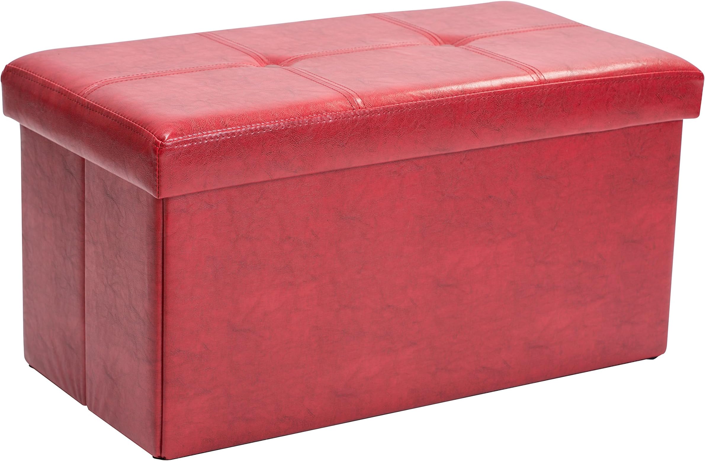 Simplify Faux Leather Folding Storage Ottoman | Double | Collapsible | Tufted Padded Seating | Foot Rest | Bench | Toy Box | Red