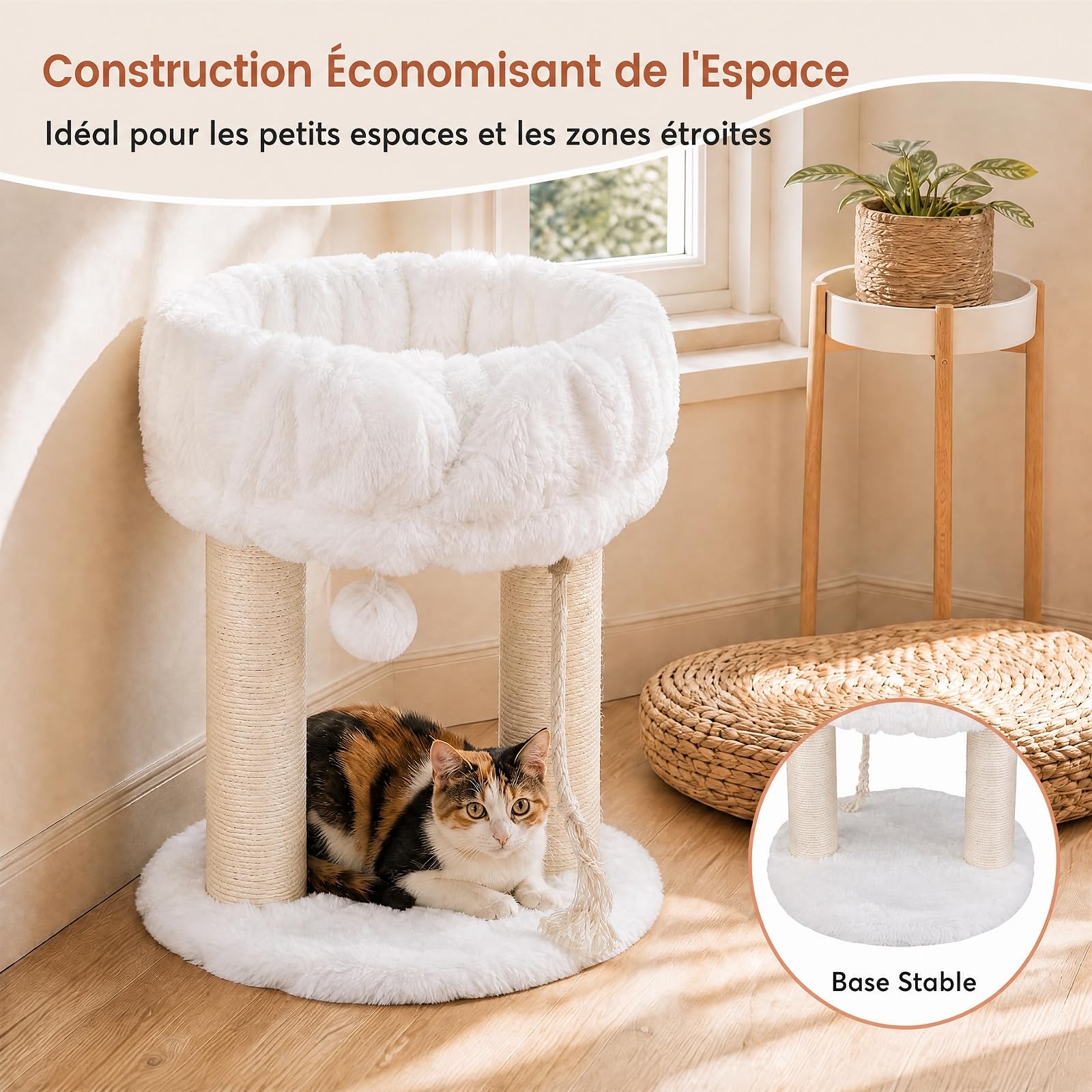 GOPLUS Petit Arbre a Chat à 2 Niveaux, Tour de Jeux pour Chats (Blanc) | Centre d’Activité 40x40x50CM avec Perchoir Rembourré en Peluche, 2 Poteaux Griffoir, Perchoir Doux, Corde et Balle Suspendue
