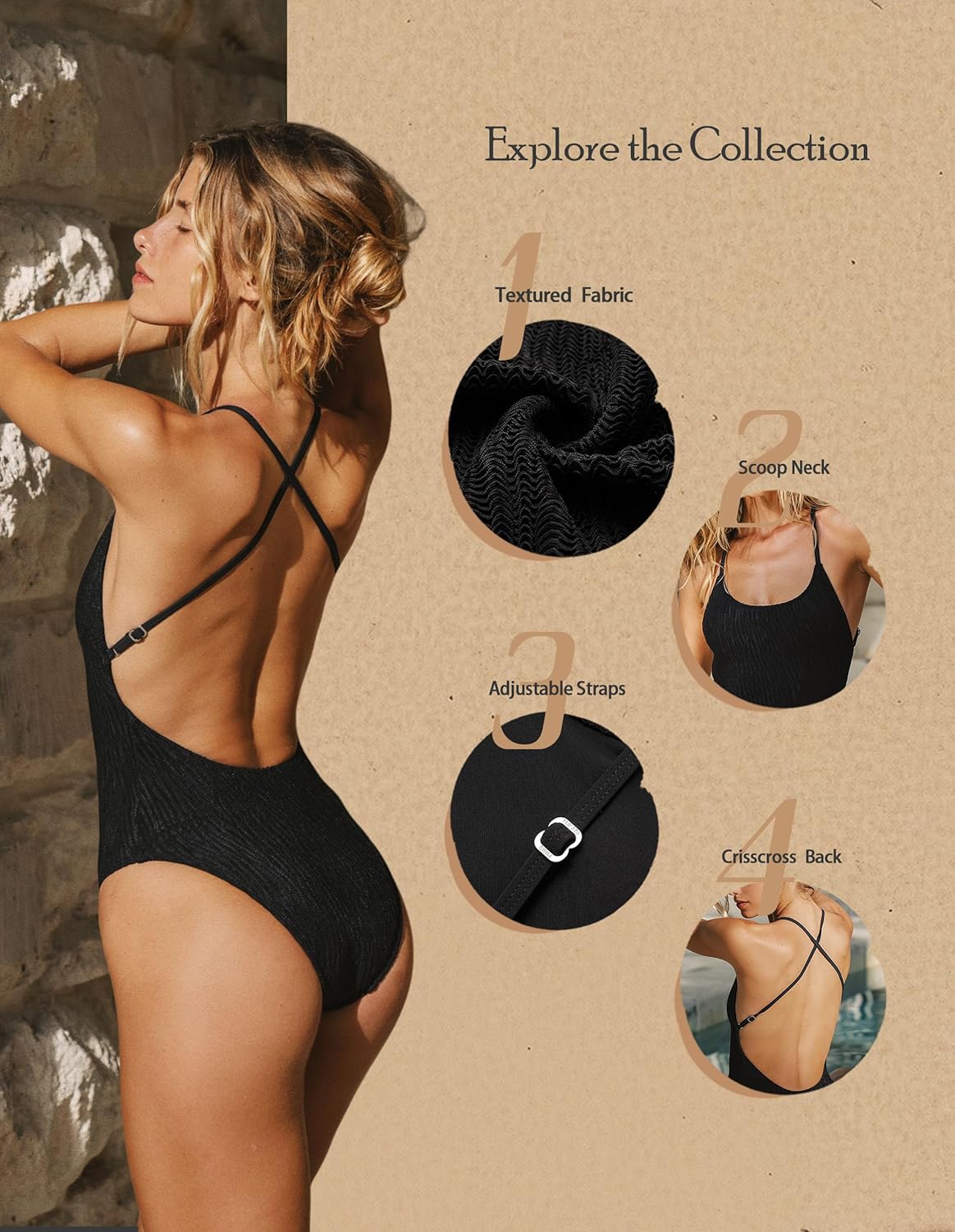 Womens Sexy One Piece Bathing Suits Tummy Control Scoop Neck Padded Swimsuit Open Back High Cut Slimming Swimwear