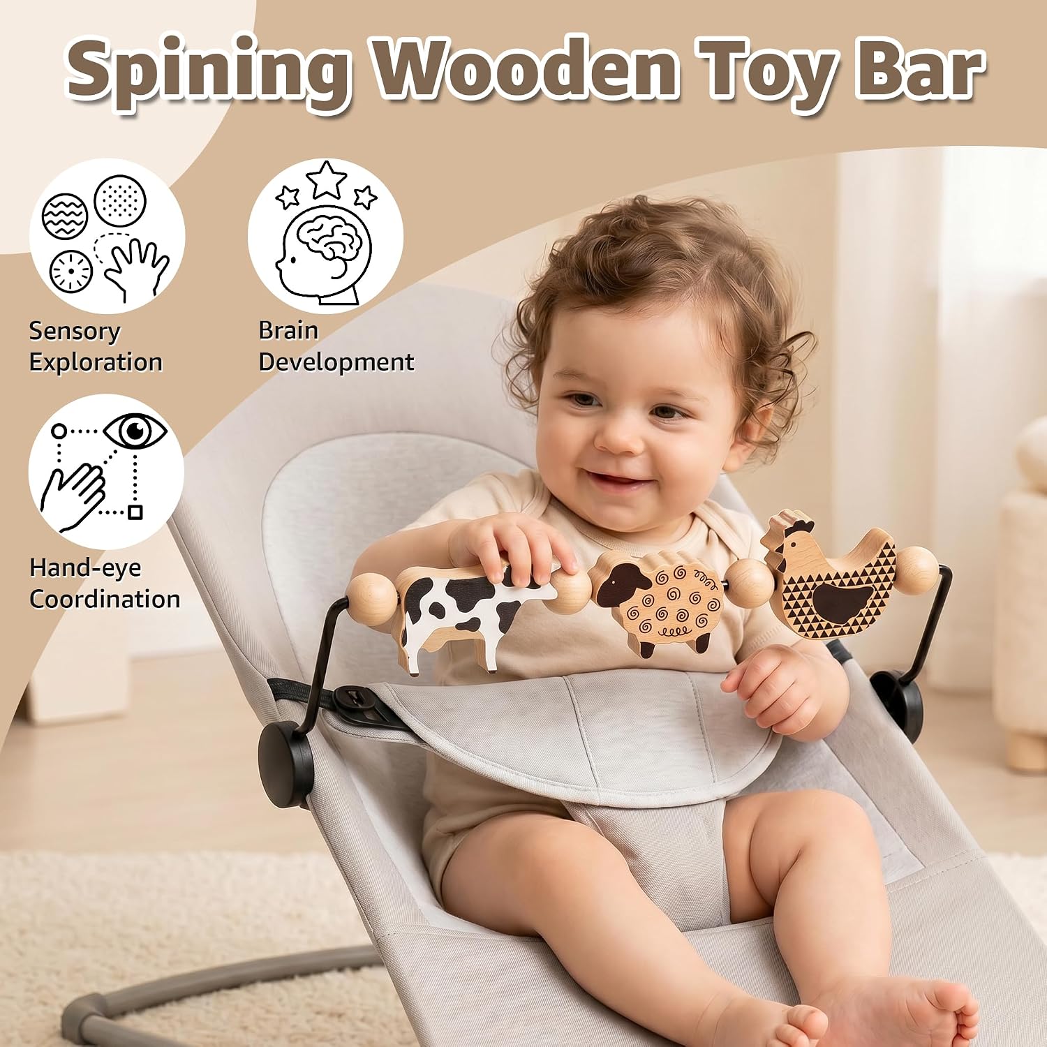 Baby Bouncer Toy Bar Compatible with Baby Bjorn Bouncers, Durable Natural Wooden Toy Bar for Baby Bouncer Attachment, Rotatable Sensory Toy Gifts for Babies (White and Black)
