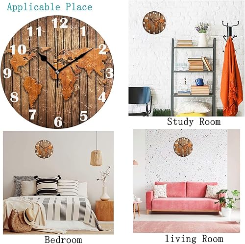 Miniatura 3 de Pfrewn Reloj de pared con tablones de madera con mapa del mundo, silencioso, sin tictac, funciona con pilas, reloj de escritorio vintage de 10