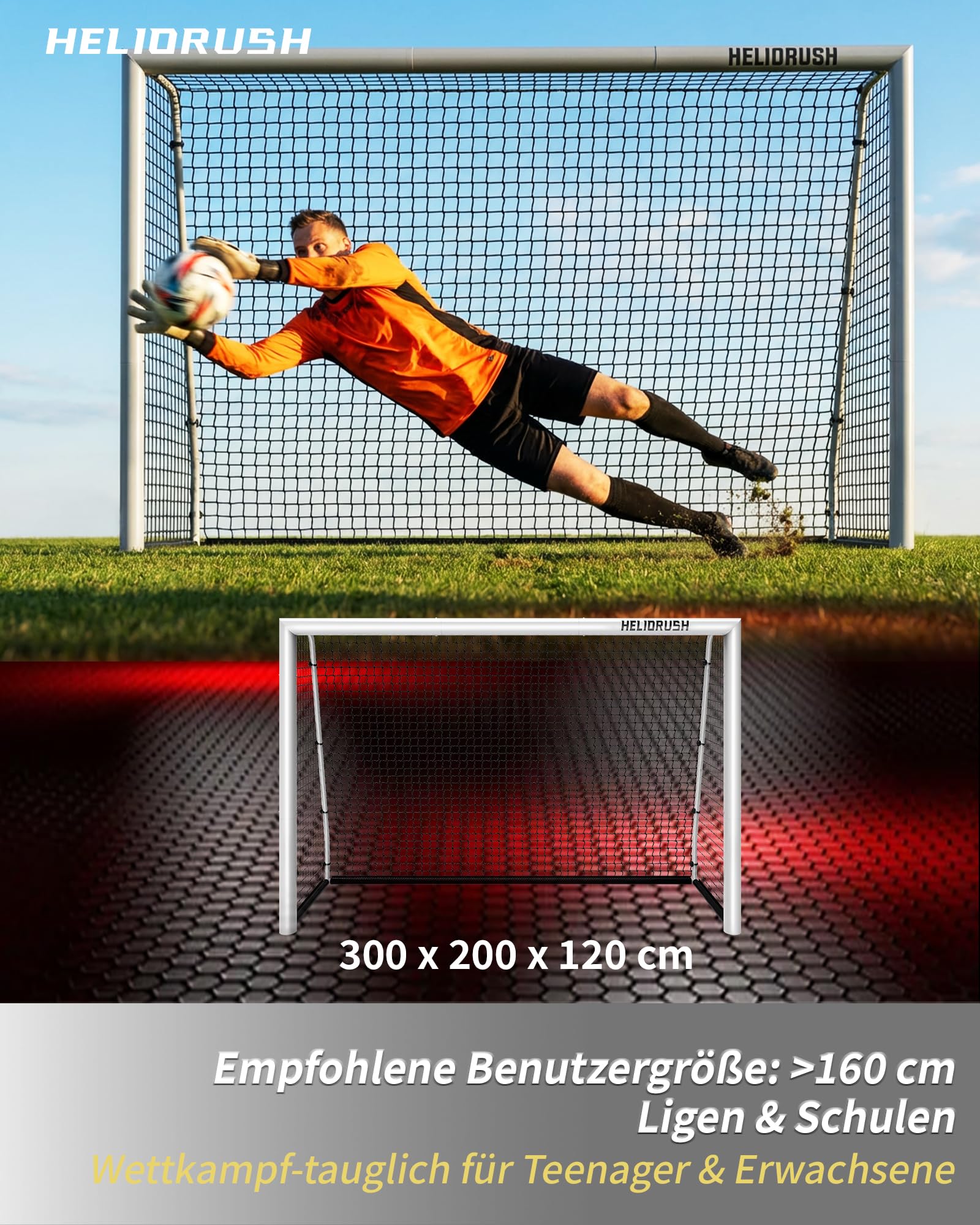 Fussballtor 180/240/300 für Garten & Training - Großes Fußballtor Outdoor, Stabiler Stahlrahmen Verzinkt,Edelstahl 304, Aluminium & Pulverbeschichtet, Reißfestes 1000D Netz, Wetterfest