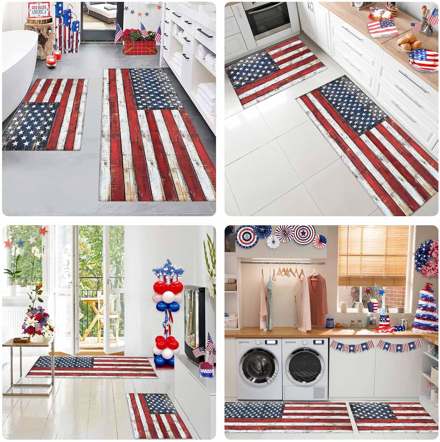 2 Pieces Kitchen Rugs and Mats,Retro USA Flag on Shabby Wood Area Runner Rug Set Non Slip Floor Doormat Washable Carpet Standing Mat for Kitchen Sink Indoor Corridor,4th of July Star Stripe Wooden