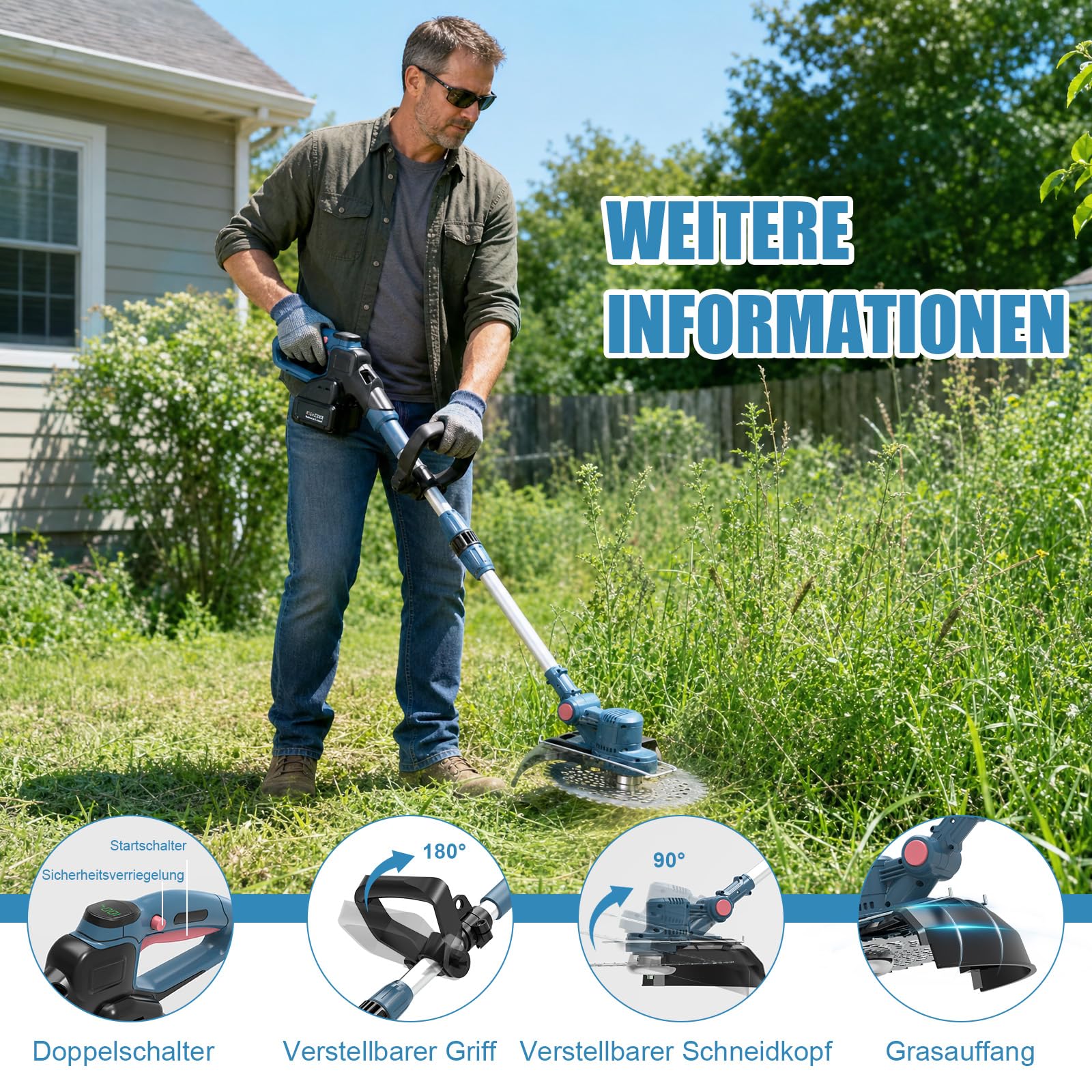 Rasentrimmer mit Akku,Akku Rasentrimmer für Makita-Akkus mit 5 Klingentypen,21v,2X 4.0ah 5 In 1 Rasentrimmer,Freischneider mit Unkrautbürste,750w Bürstenloser Motor für Rasen,Garten und Hof-Dark Blau