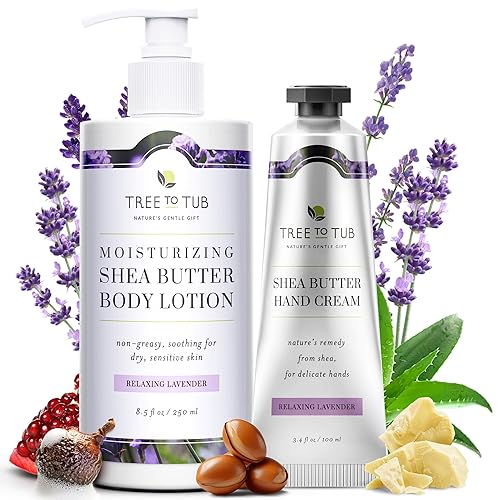 Tree to Tub Loción corporal de manteca de karité de lavanda para piel seca - Loción hidratante para piel sensible - Crema de manos de manteca de