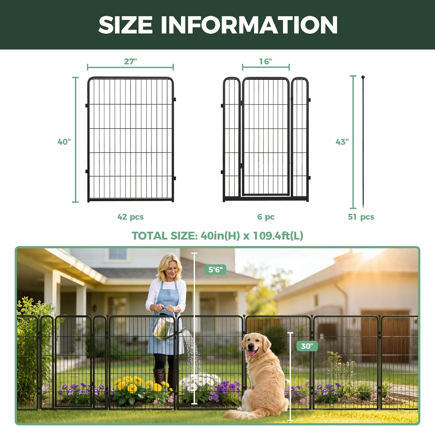 FXW Garden Fence Outdoor for the Yard – 40in(H) x 109.4ft(L) Heavy Duty Metal Animal Barrier for Dog, No Dig Decorative Dog Fence, 48 Panels, Black