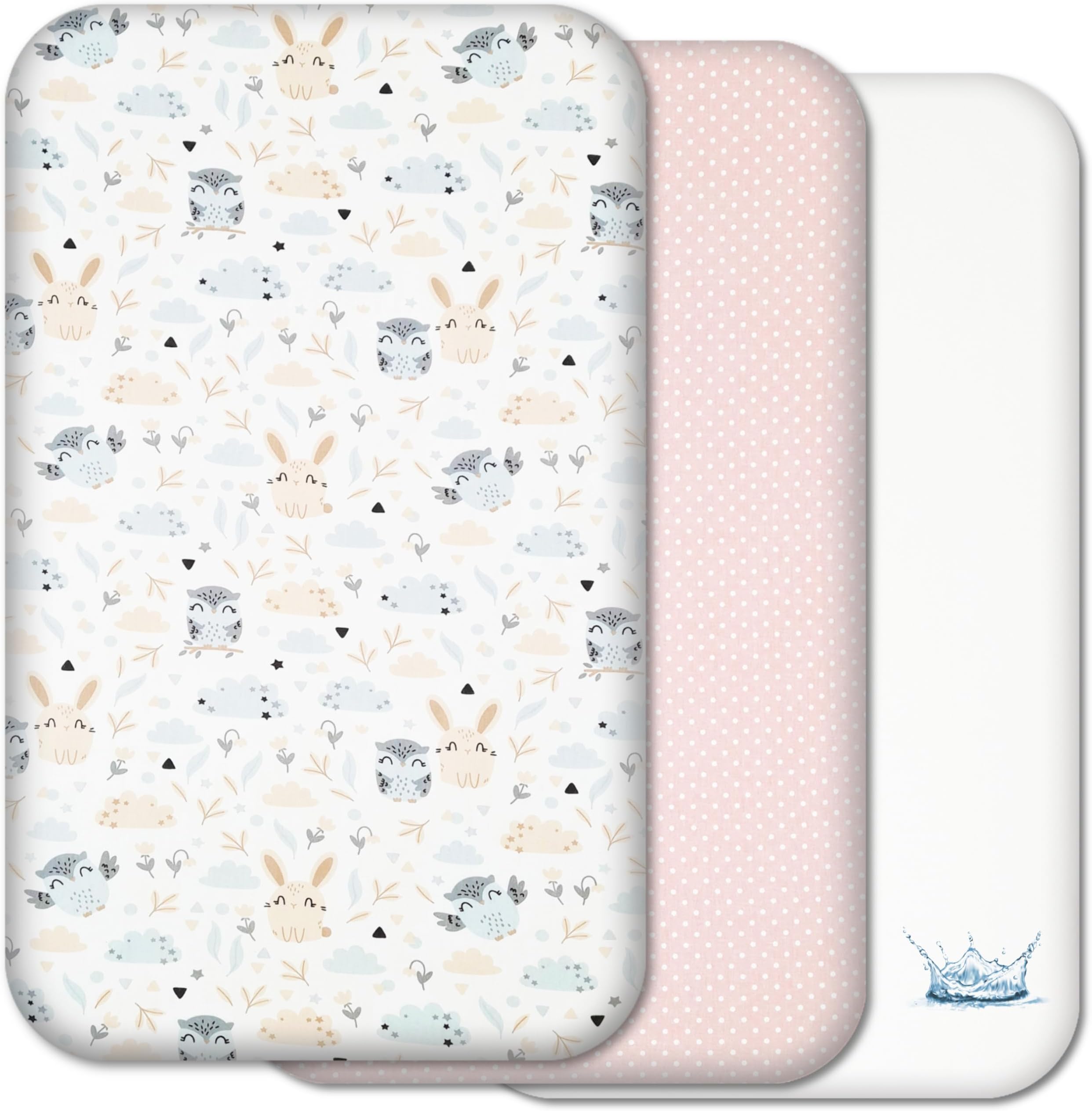 Next to Me Crib Sheets - 3pc Crib Fitted Sheet Set - 2 Fitted Cotton Sheets and 1 Waterproof Mattress Protector for Bedside Cribs - 100% Organic Cotton - Made in Europe (Cute Animals&Dots, 83x50cm)