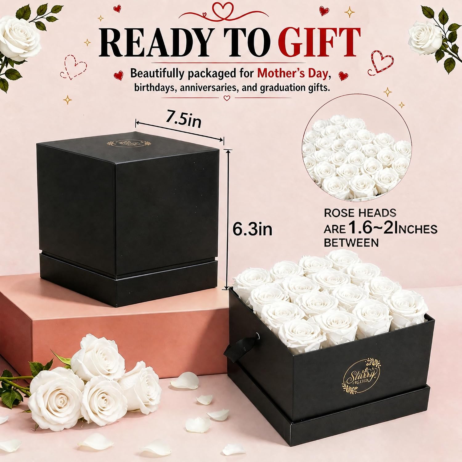 16 Preserved Roses in Box, Forever Flowers Gift, Black & White