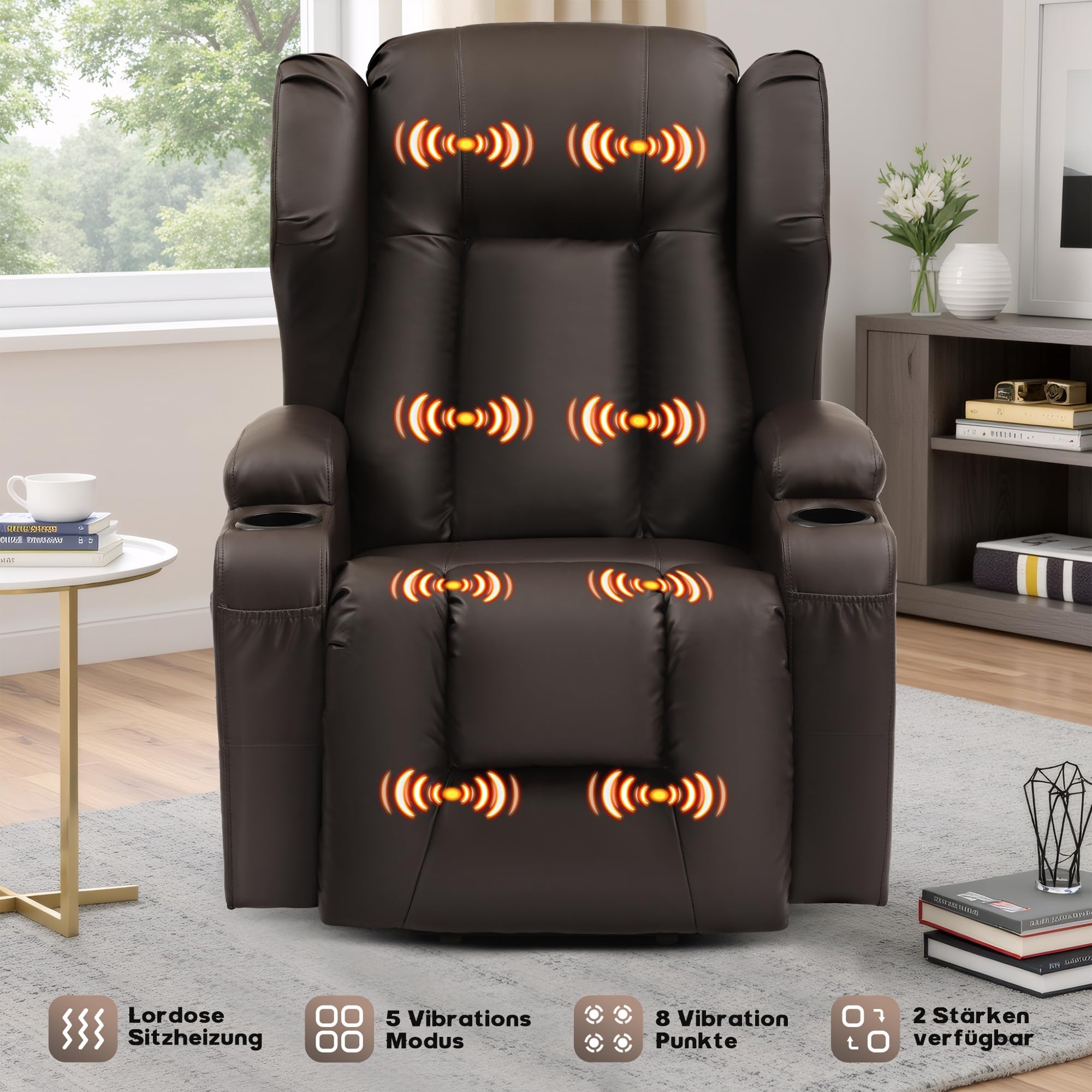 Fernsehsessel mit Aufstehhilfe Elektrisch, Relaxsessel mit Liegefunktion, Massagesessel mit Massage Wärmefunktion Seniorensessel für Senioren, 2 Seitentaschen und Getränkehalters (Braun)