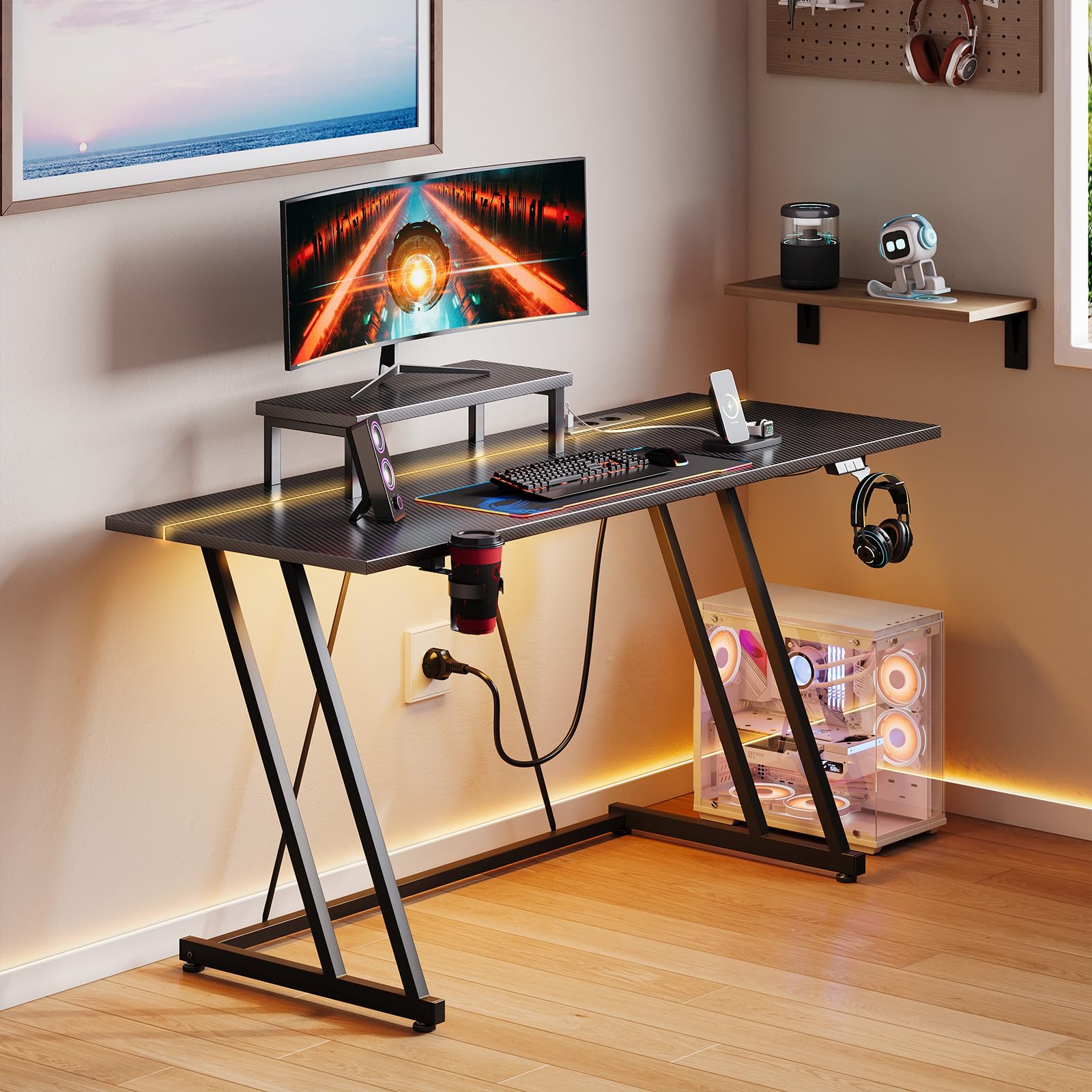 ODK Bureau Gaming avec Lumières LED et Prises électriques, 120 cm Bureau Gamer avec Support de Moniteur et étagère de Rangement Fibre de Carbone Noir
