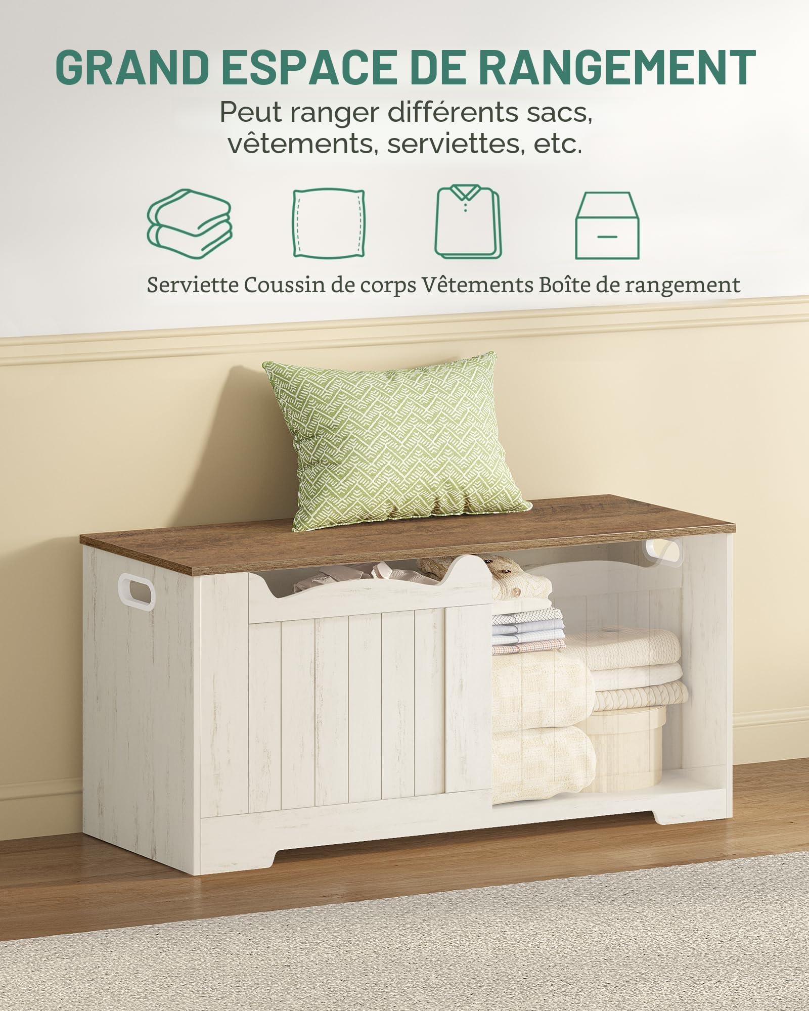 Hzuaneri Coffre de Rangement, Banc de Rangement, Blanc Marron | 2 Charnières Stables, 40 x 100 x 48 cm, pour Entrée, Chambre, Salon, SB01014B