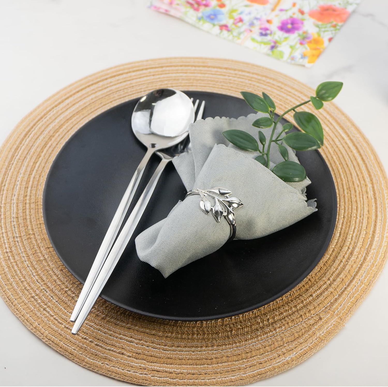 50 Set Leaf Napkin Ring, Silver Napkin Rings Vintage Metal Napkin Adornment Dining Table Ring for Holiday Banquet Wedding Spring Summer Serviette Buckle