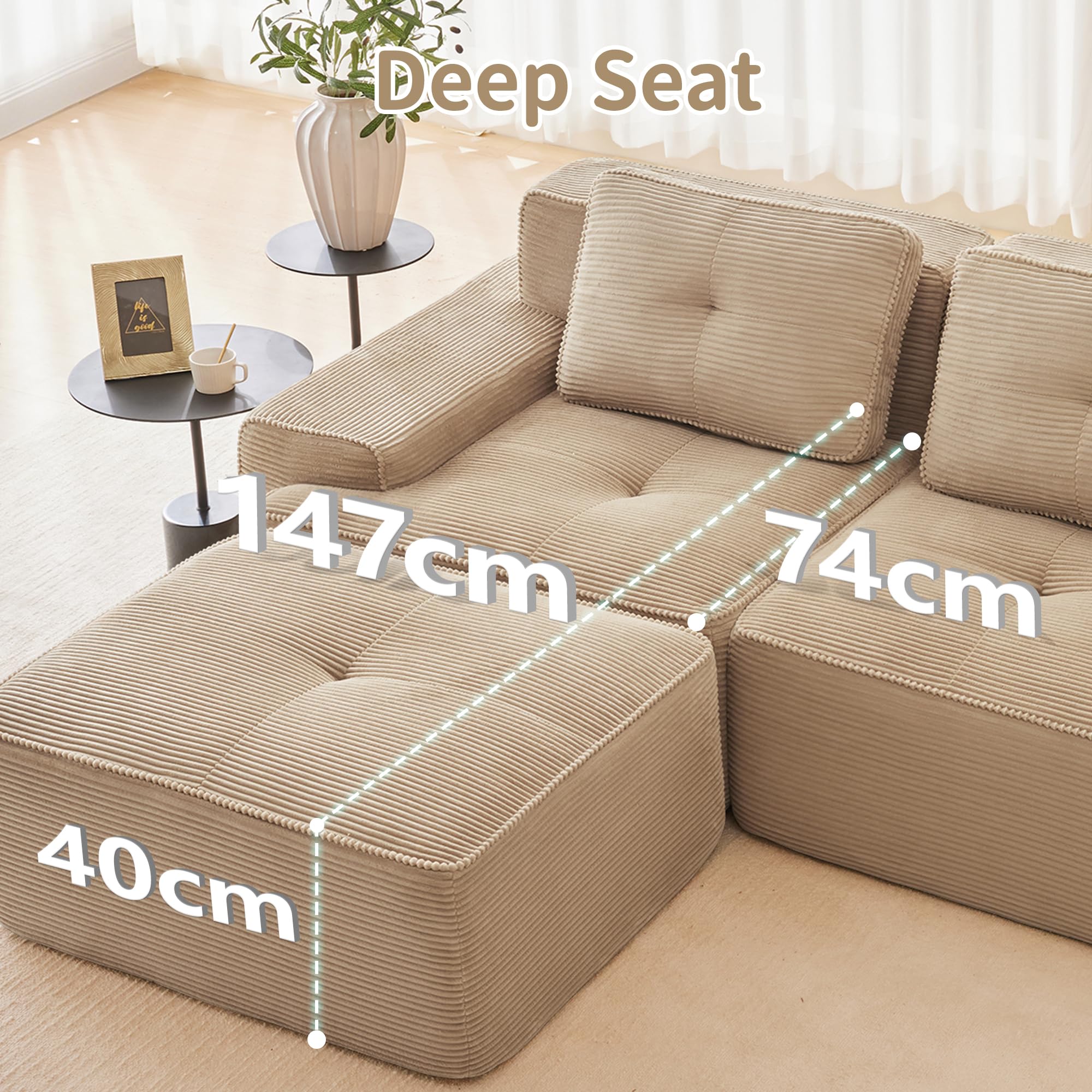 Bladez Sofá rinconera Modular en U de 4 plazas de Pana con 3 pufs, Beige