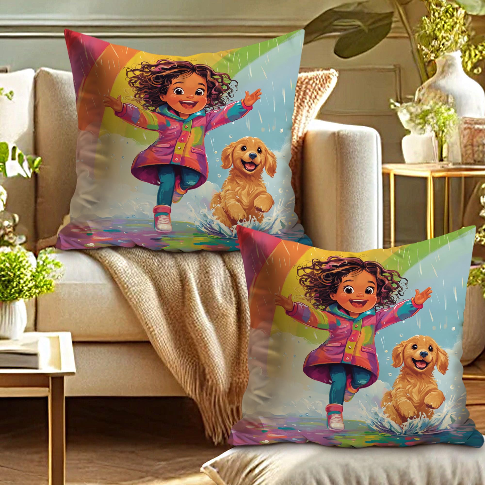 Kids Rainbow Pillow Covers Set of 2, Colorful Children Playing with Dog Decorative Cushion Cases, Fun Seasonal Accents for Home Sofa Couch Living Room 18x18 Inch
