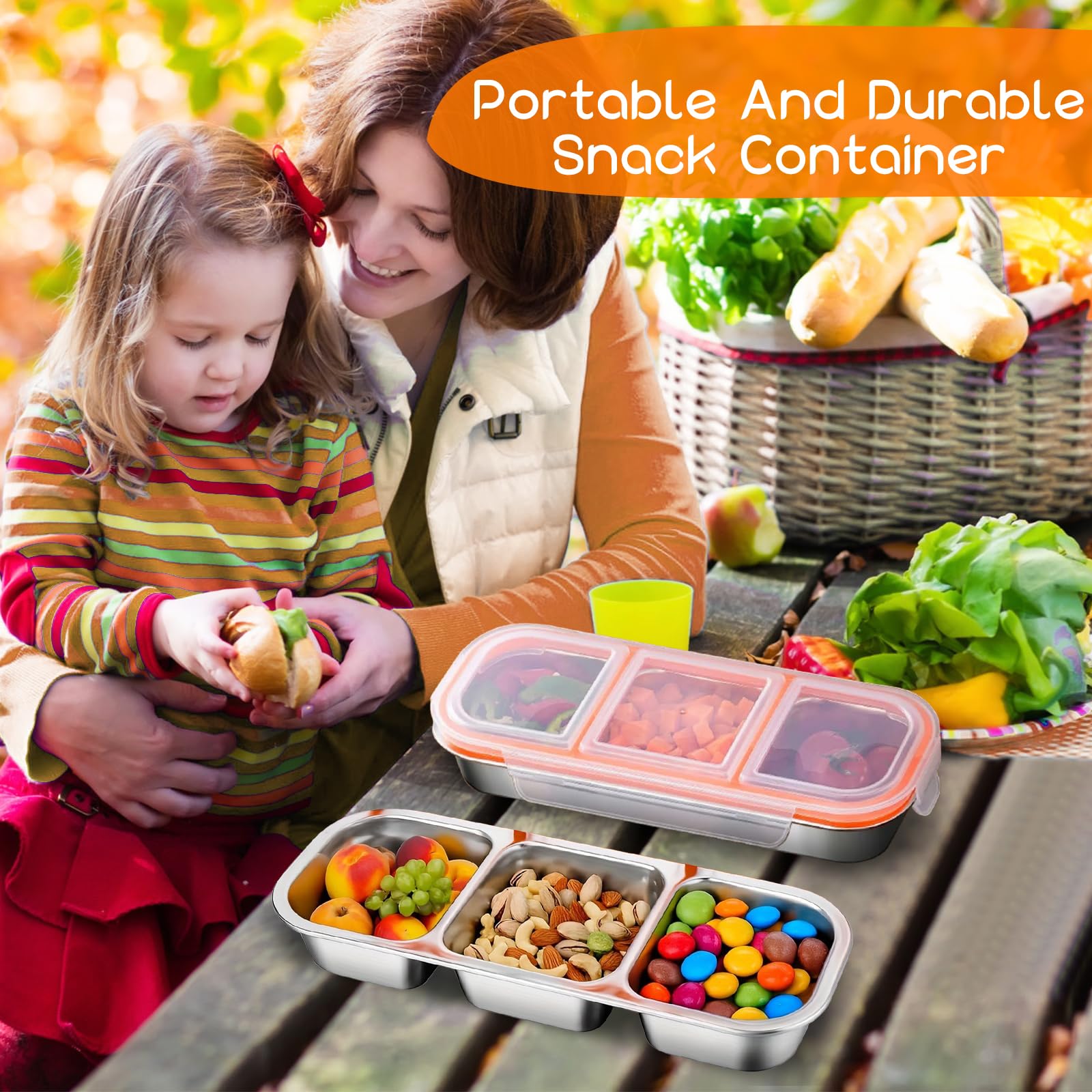 Caja De Aperitivos De Acero Inoxidable, Caja De Aperitivos para Niños con 3 Compartimentos, para Dulces, Verduras, Especias