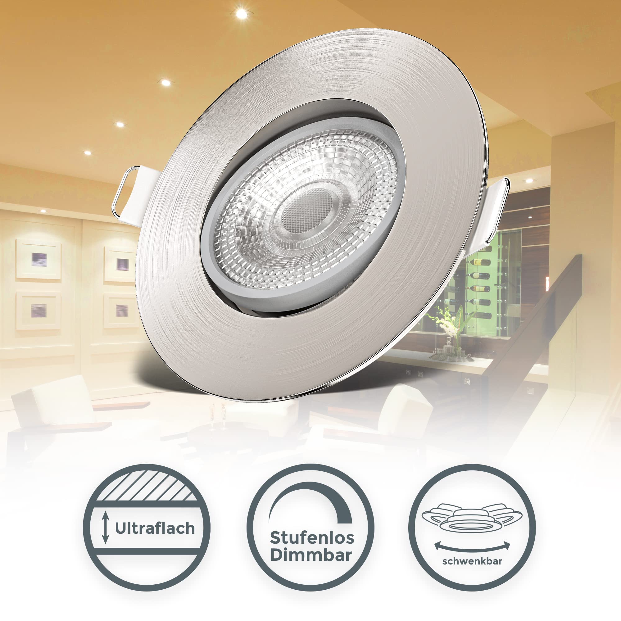 B.K.Licht - 6er Set LED Einbaustrahler 230V, stufenlos dimmbar, schwenkbar, Lochmass 68mm, flach, LED Spot, Deckenspots, Spots, Einbauleuchten, Einbauspots, Lampen, 90x24 mm, Matt-Nickel
