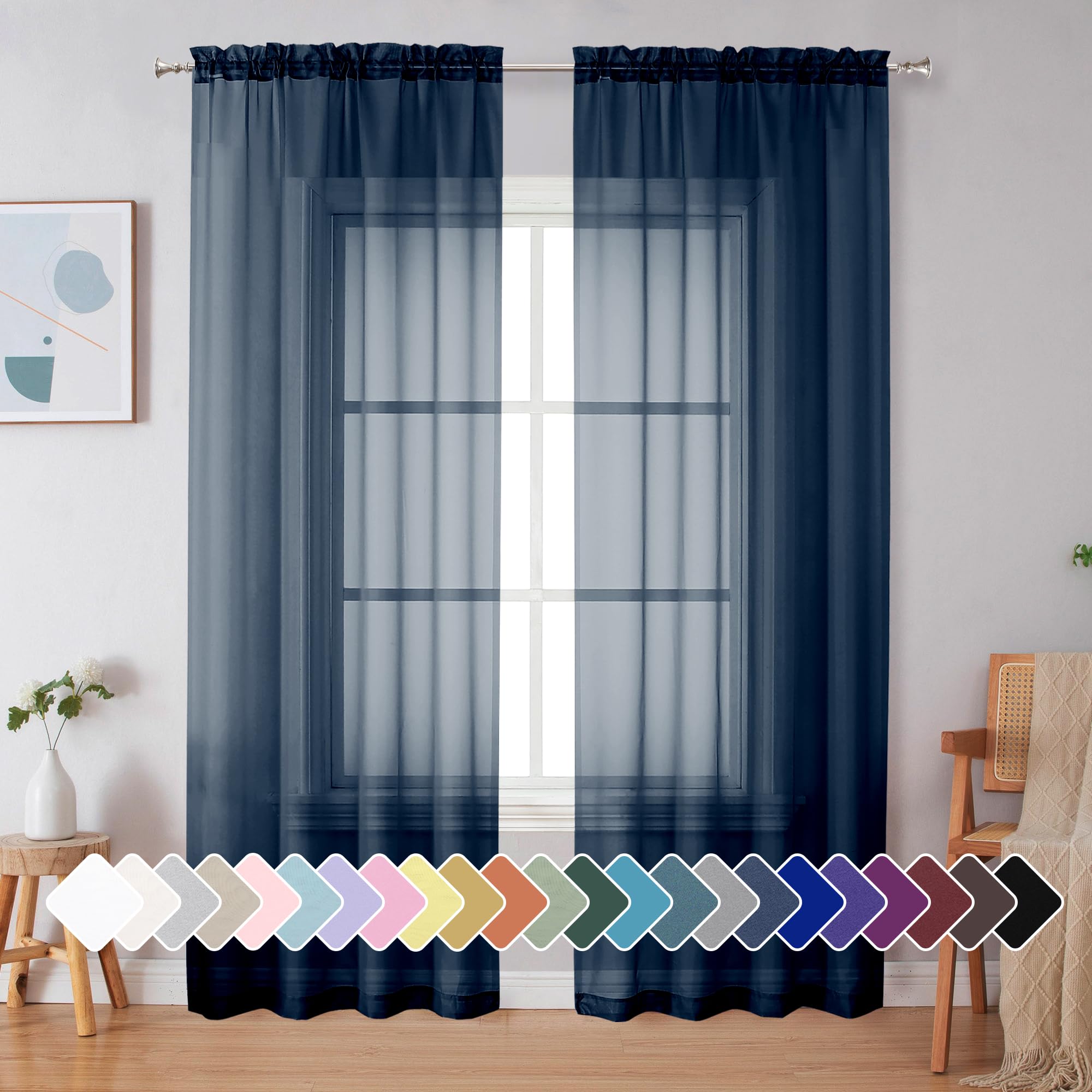 Simplebrand Navy Blue Sheer Curtains 90 Inches Long 2 Panels for Bedroom