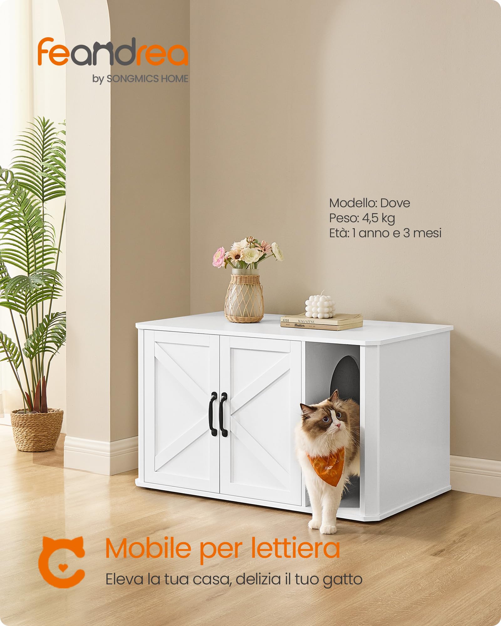 Feandrea Mobile per Lettiera, Mobile Moderno per Lettiera Nascosto, con Ingresso Frontale, Doppie Porte, Maniglie, Casetta per Gatti, Tavolino Laterale, 85 x 48,5 x 50 cm, Bianco Nuvola PCL012W01