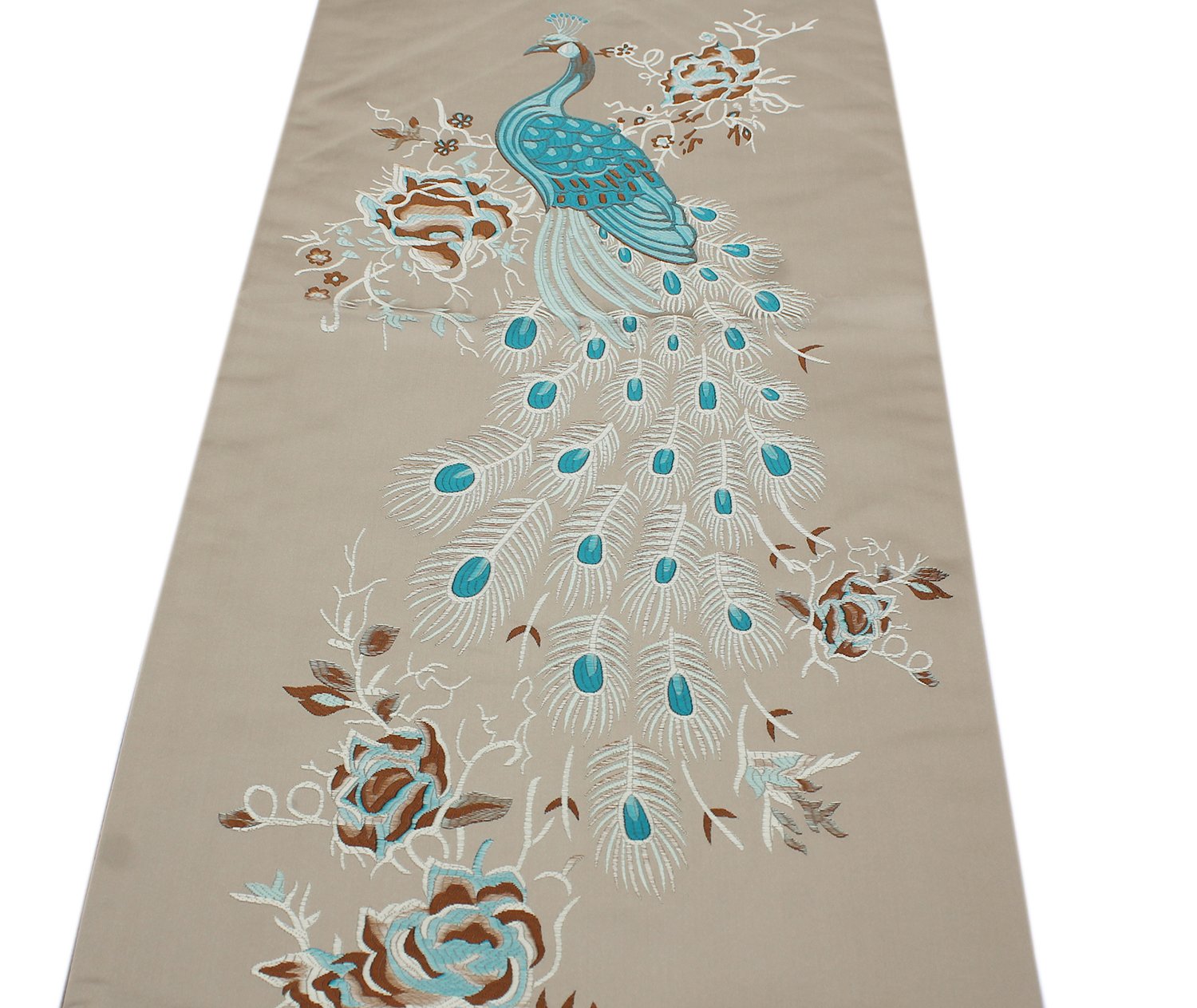 MAGILONA Chemin de table décoratif luxueux en coton et lin brodé à motif floral avec pompons pour salle à manger 33 x 210 cm (marron)