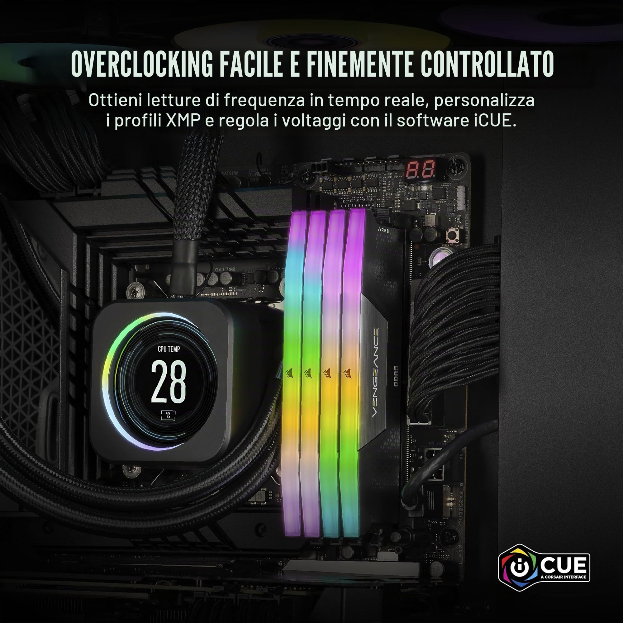 CORSAIR VENGEANCE RGB DDR5 16GB (1 x 16GB) Fino a 5200MHz INTEL RAM | Memoria Per Computer Desktop, Compatibile con Intel XMP 3.0, CL40, Nero, CMH16GX5M1B5200C40