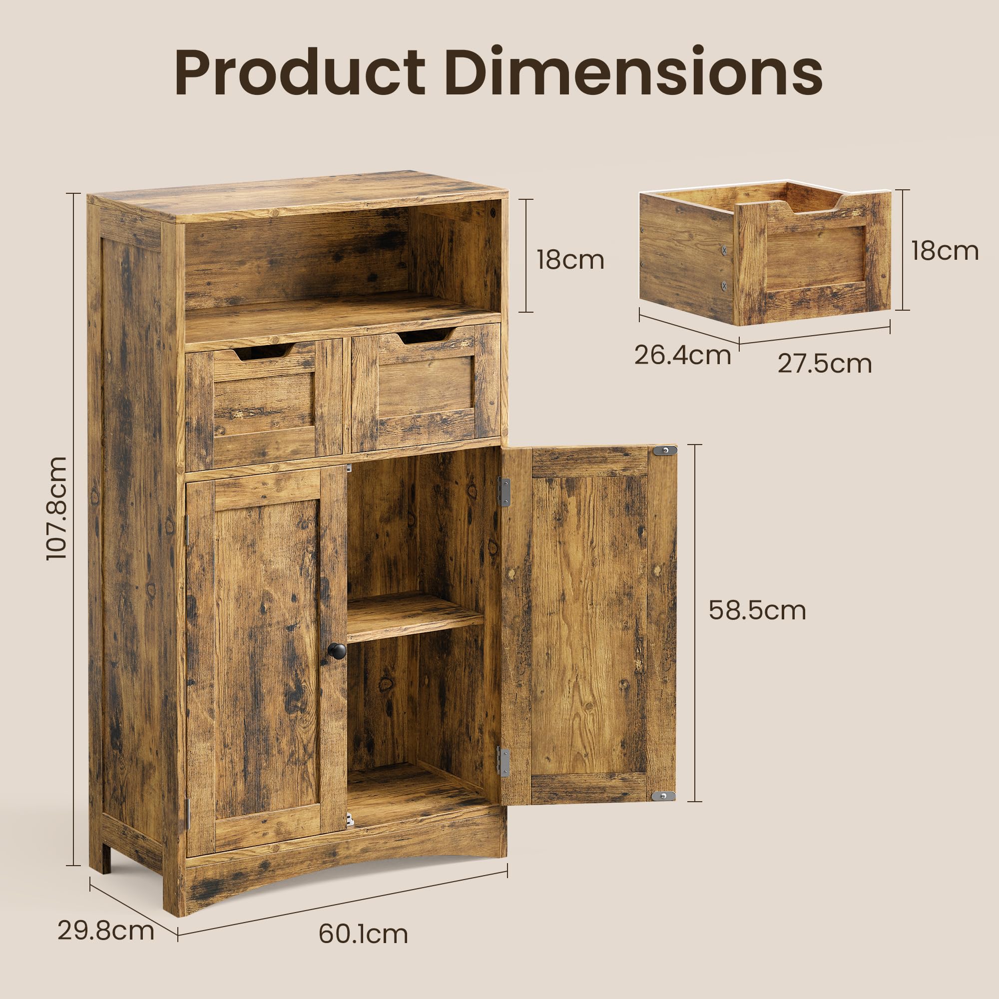 Bealife Armoire Salle de Bain, Armoire de Rangement avec 2 Tiroirs, Étagère Réglable et 2 Portes, Meuble Rangement pour Salon, Chambre, 60x30x108 cm, Rétro