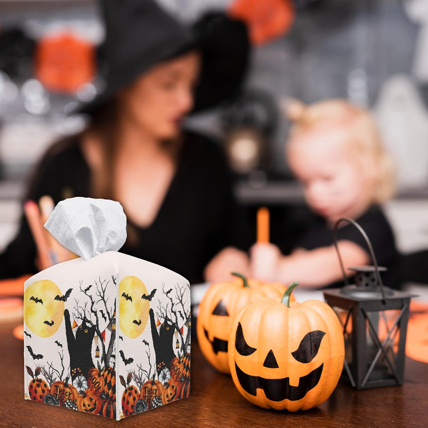 Halloween Cat Tissue Box Cover, 5 Inch Square Leather Tissue Holder, Decorative Tissue Box Organizer for Bathroom Office Desk, Halloween Party Table Fall Home Decor, Ideal Housewarming Gift- A03 image 5
